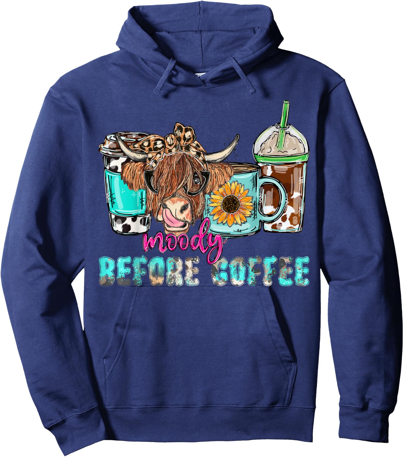 Cute Highland Cow Moody Before Coffee Lover Western Country Hoodie - Hoodie | Navy