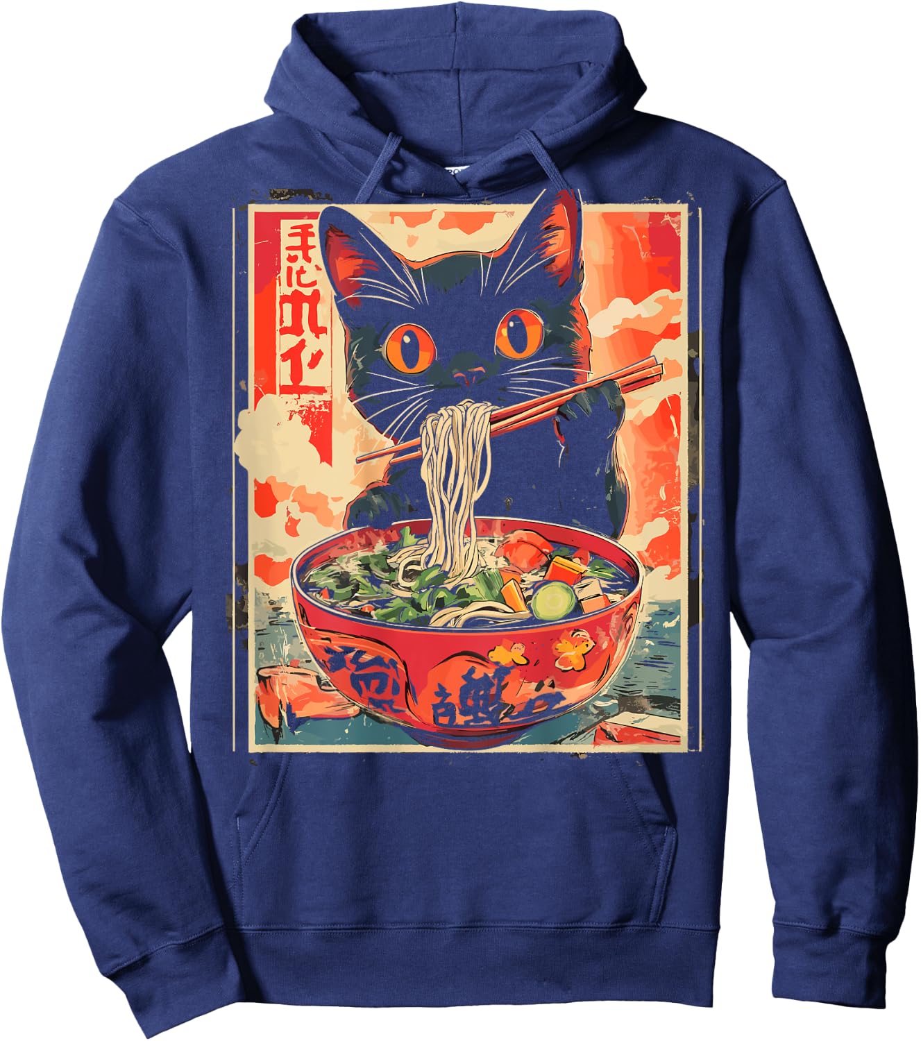 Cat Ramen Noodle Japanese Backprint , black Hoodie - Hoodie | Navy