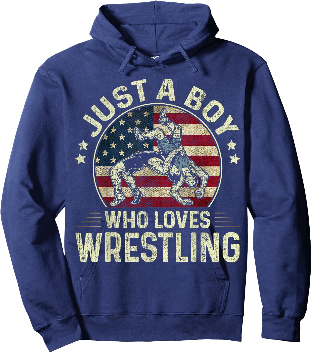 Just A Boy Who Loves Wrestling US Flag Patriotic Wrestler Hoodie - Hoodie | Navy