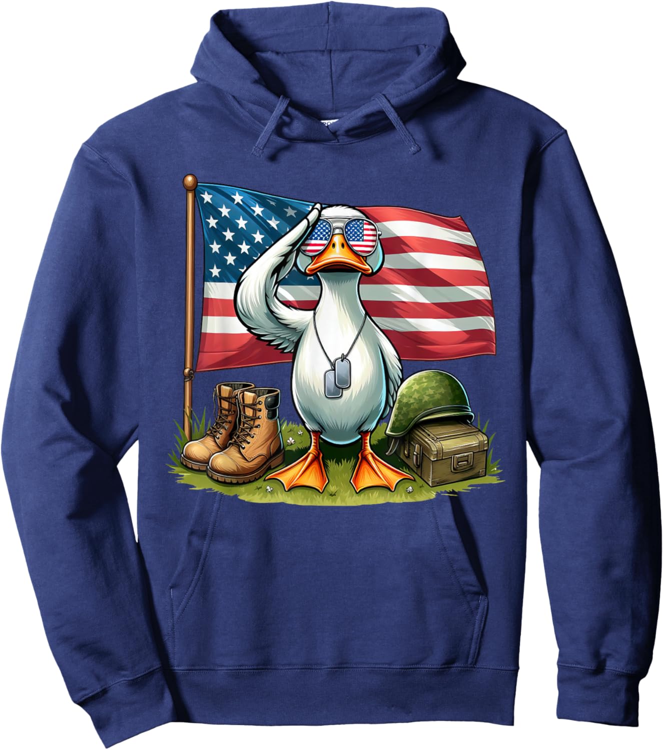 Salute Duck American USA Flag Memorial Day 4th of July Women Kids Men Hoodie - Hoodie | Navy
