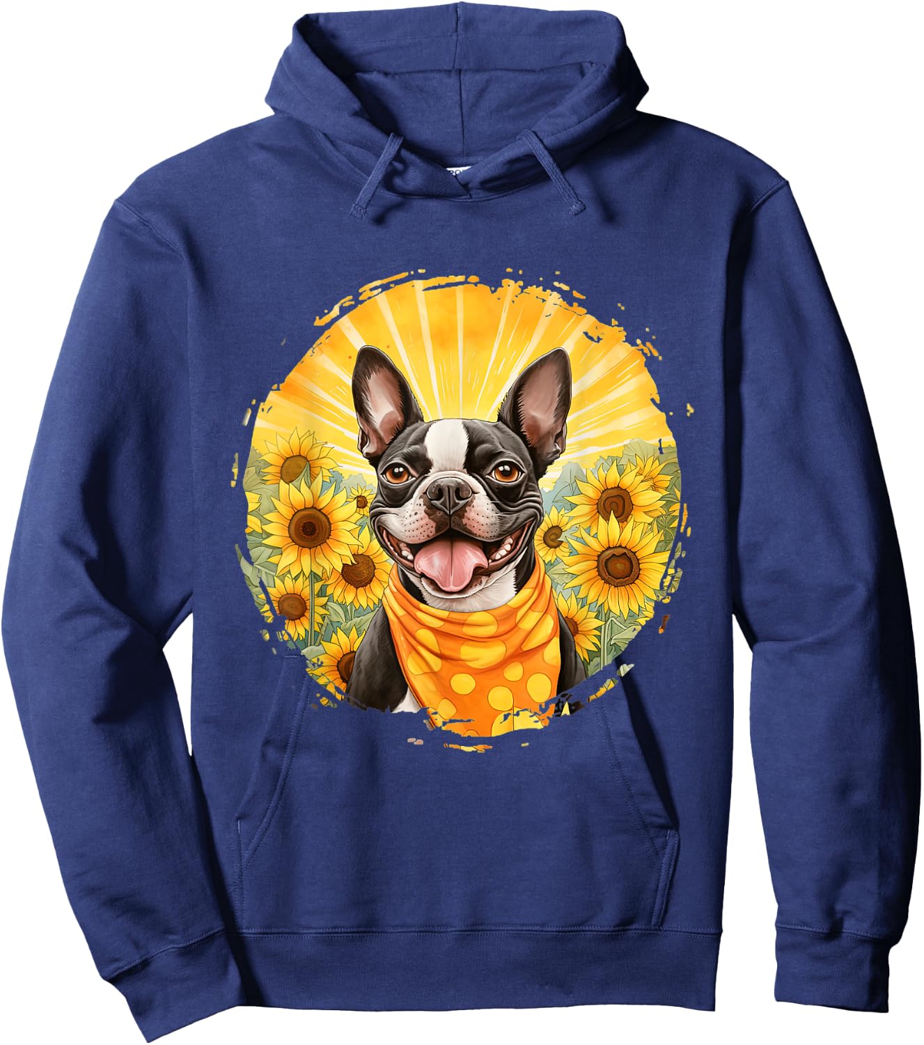 Boston Terrier Dog Vintage Bandana Headband Sunflower Field Men Women Hoodie - Hoodie | Navy