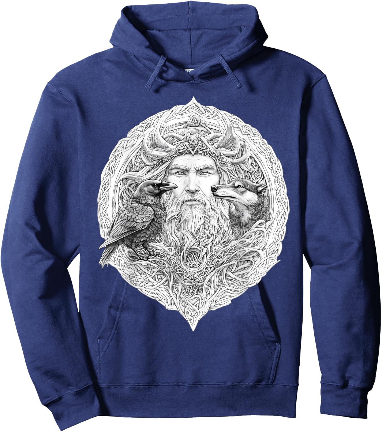 Odin Celtic Viking with Wolf and Odins Raven Valhalla Pagan Hoodie - Hoodie | Navy