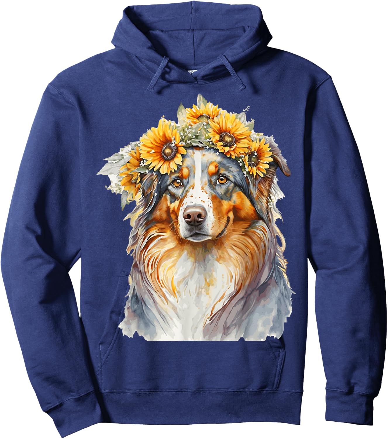 Watercolor Aussie Australian Shepherd Sunflower Dog Pet Hoodie - Hoodie | Navy