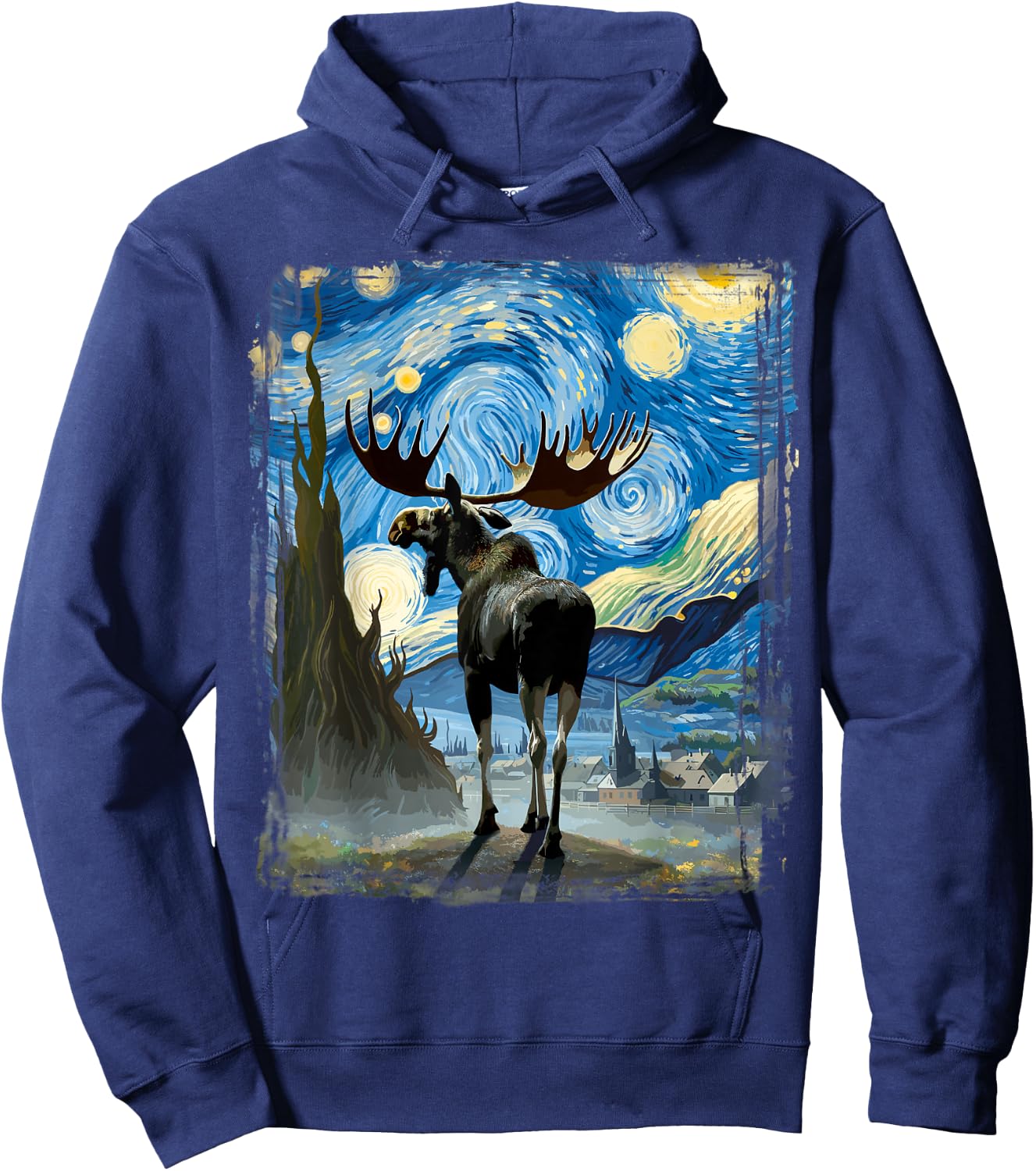 Moose Star Gazer Artistic Van Gogh Style Starry Night Moose Hoodie - Hoodie | Navy