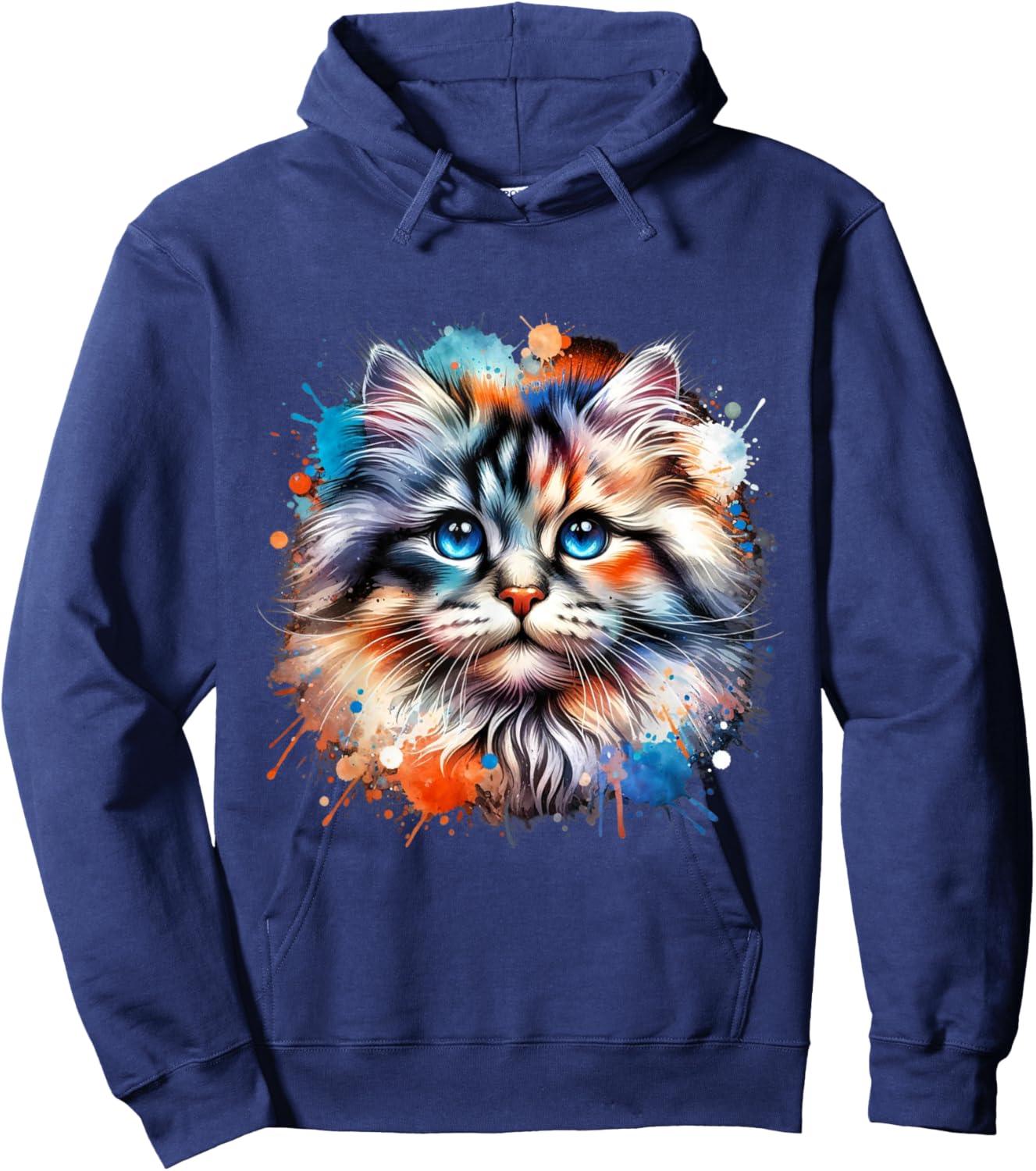 Watercolor Cat Art | Colorful Cat Design Cat Portrait Hoodie - Hoodie | Navy