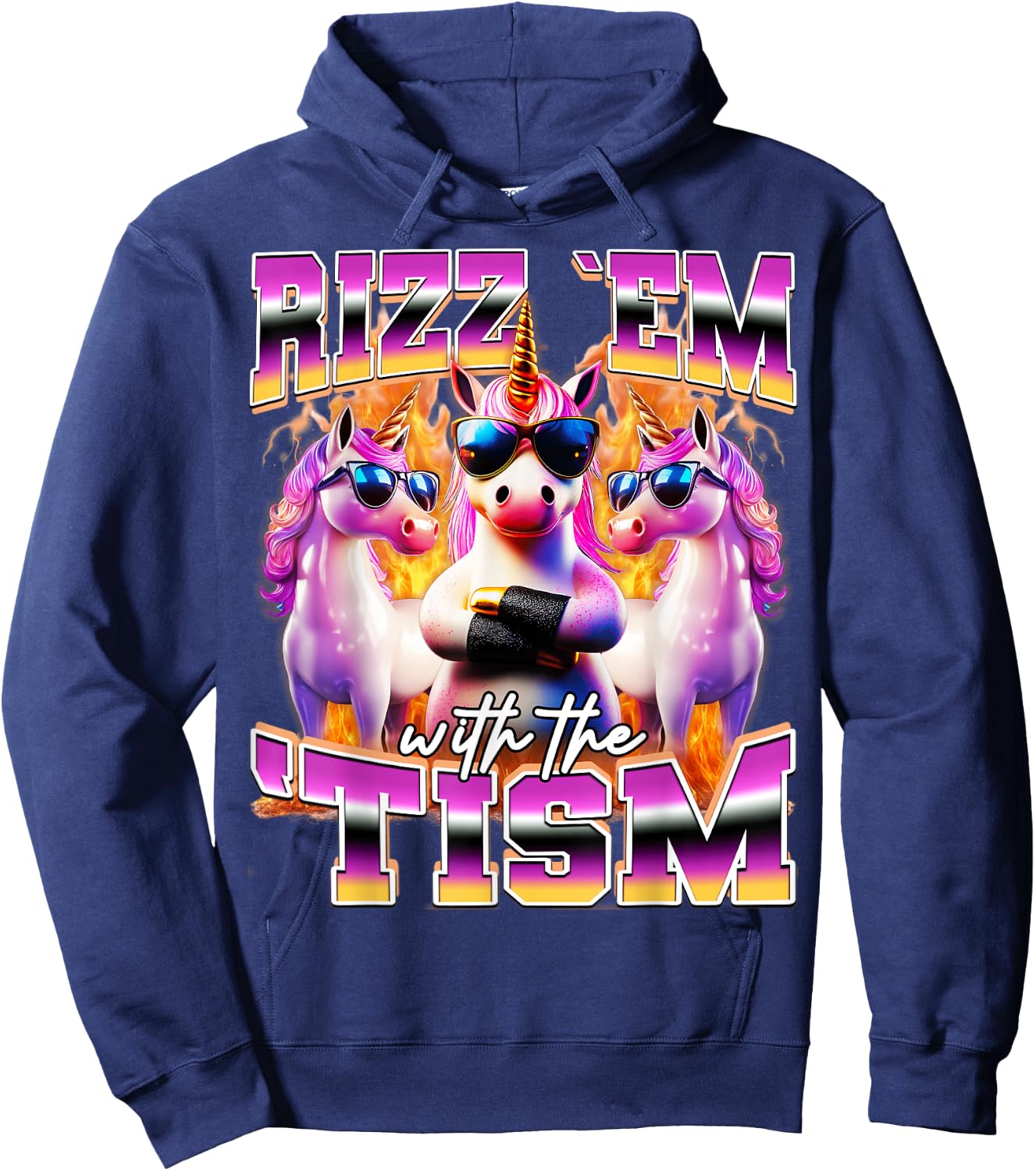 Rizz em With The Tism Funny Unicorn Sunglasses Meme Bootleg Hoodie - Hoodie | Navy