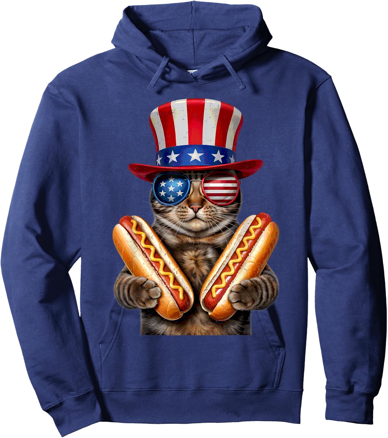 Cat Eating Hotdog 4th Of July American Flag Kitten Lover Hoodie - Hoodie | Navy
