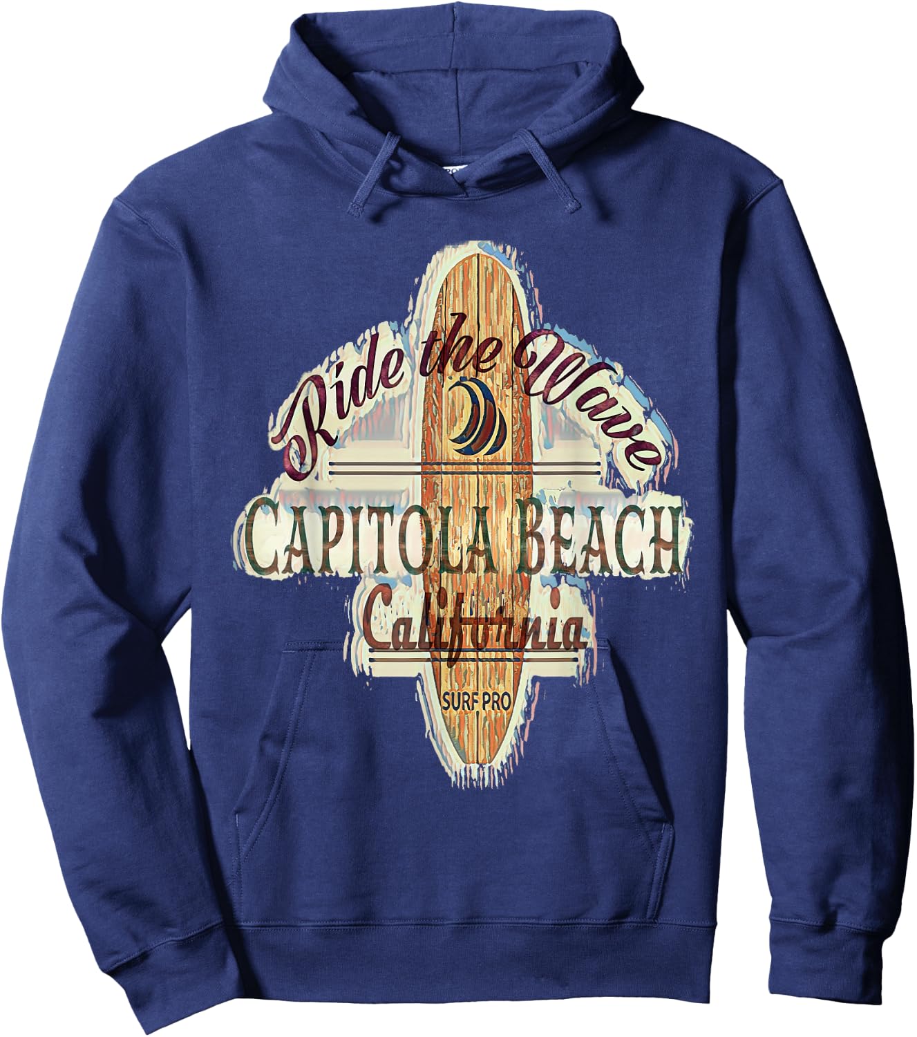 Surfing, Surfboard, Distressed Longboard Capitola Beach Hoodie - Hoodie | Navy