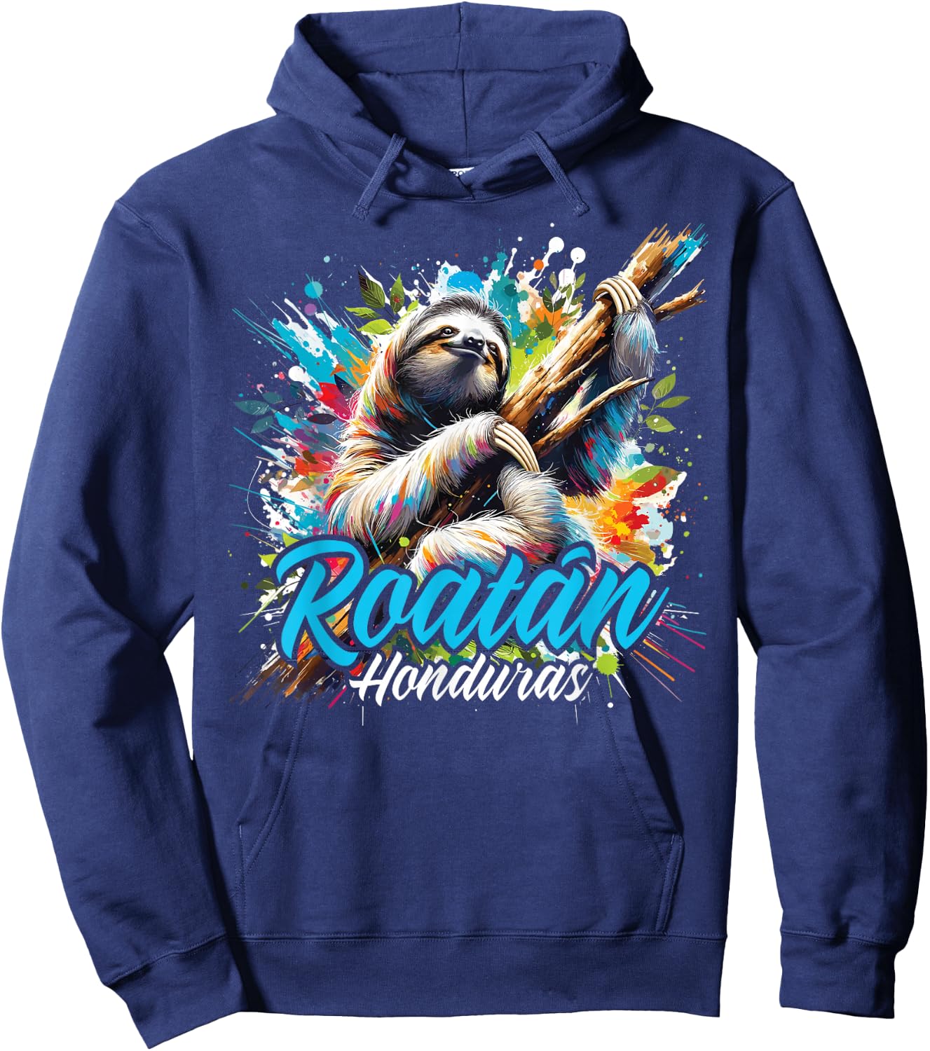 Roatan Sloth, Roatan Honduras Sloth Paint Splatter, Roatan Hoodie - Hoodie | Navy