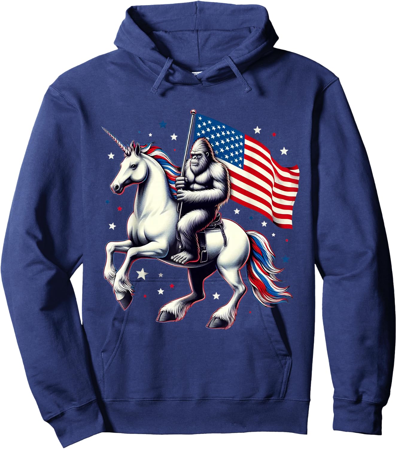 Bigfoot Sasquatch Riding Unicorn 4th Of July American Flag Hoodie - Hoodie | Navy