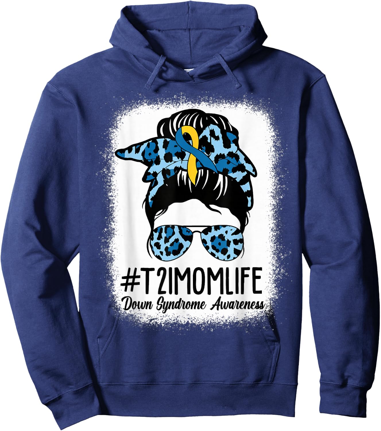 Women Down Syndrome Awareness Mom Life Messy Bun Leopard Hoodie - Hoodie | Navy