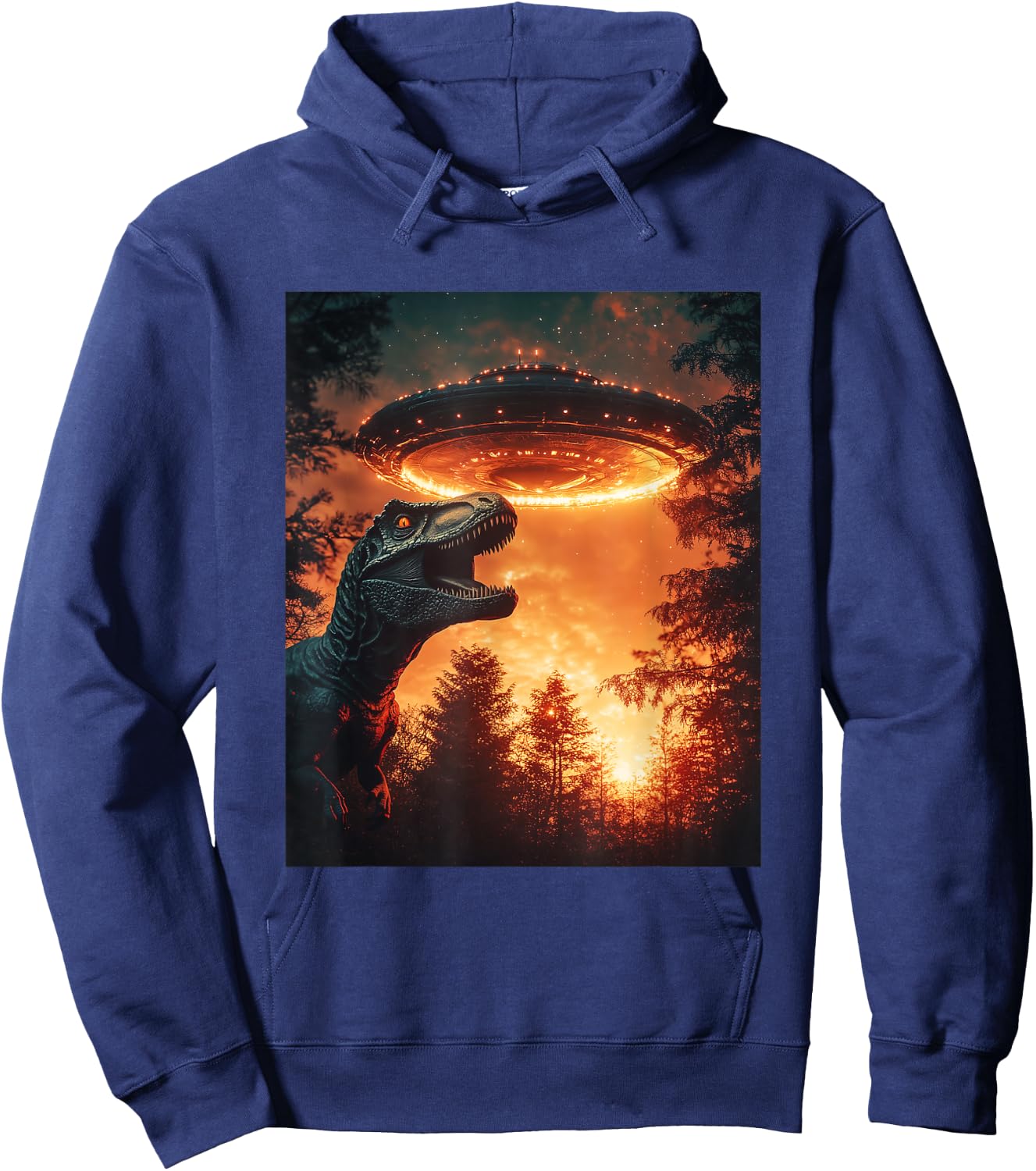 Trex Dinosaur Dino Selfie with UFOs Aliens Funny Graphic Hoodie - Hoodie | Navy