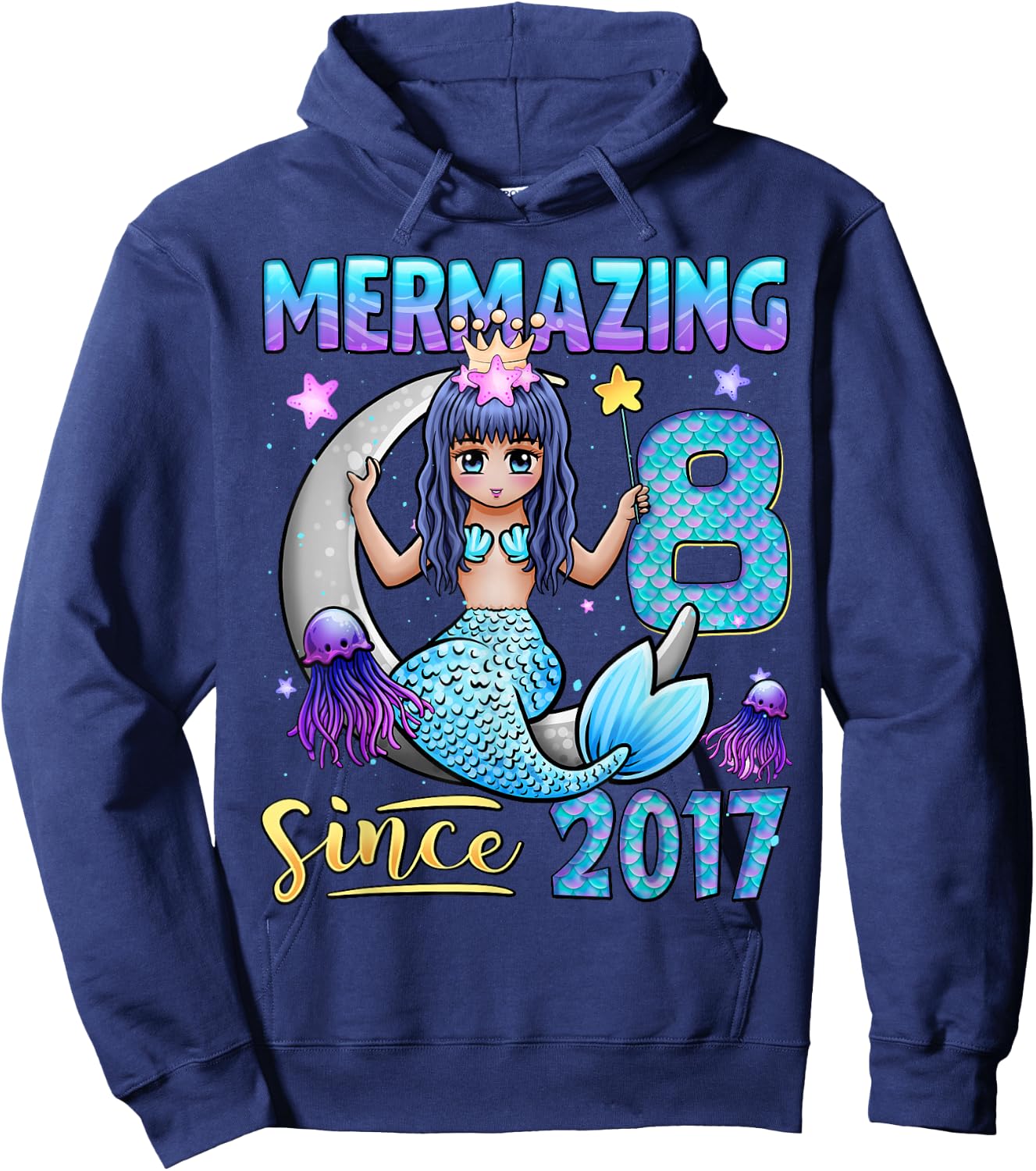 Mermaid Birthday Shirt 8 Years Old Mermaid 8th Birthday Girl Hoodie - Hoodie | Navy