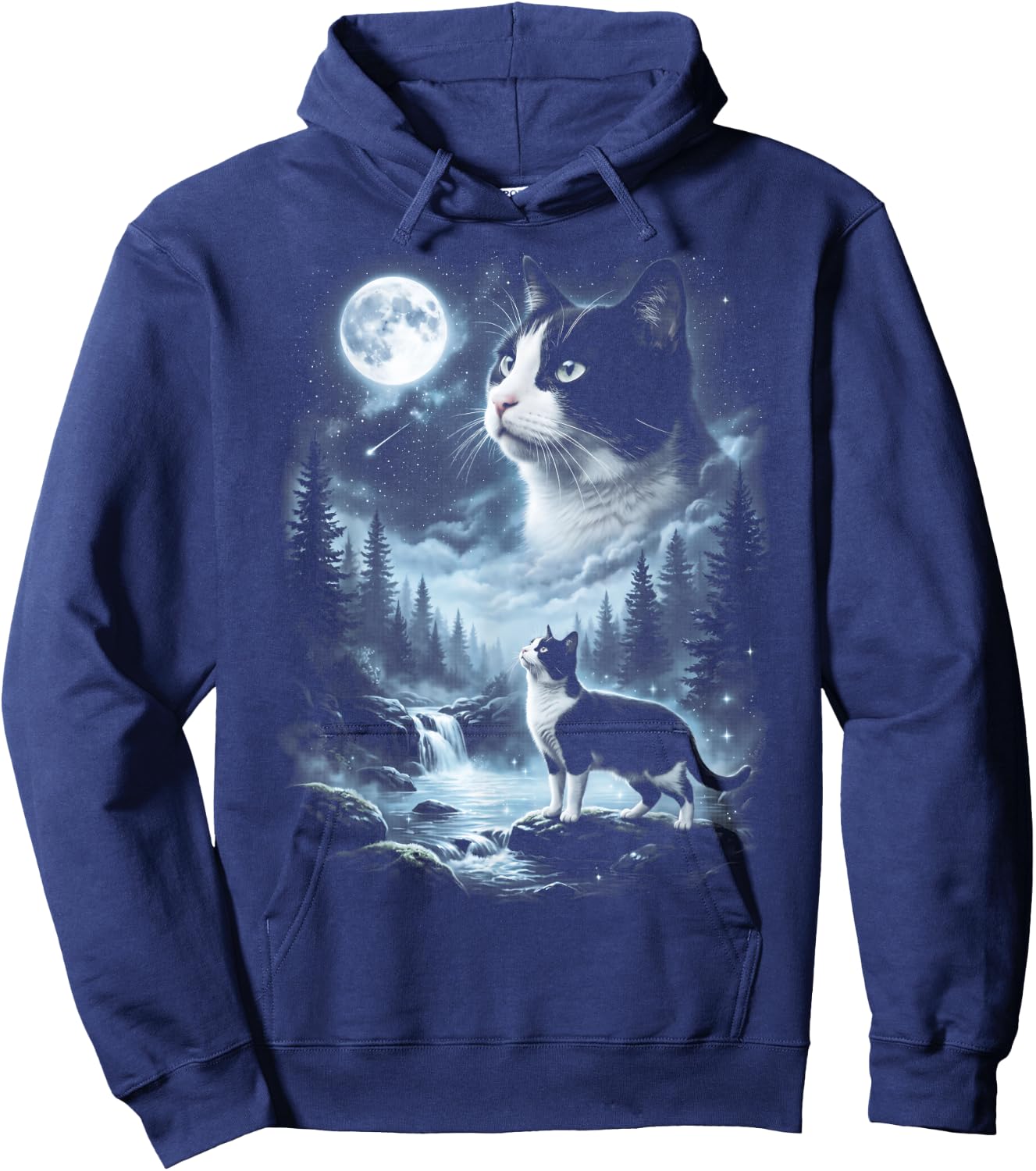 Tuxedo Cat Howling at Moon 90's Retro Hoodie - Hoodie | Navy