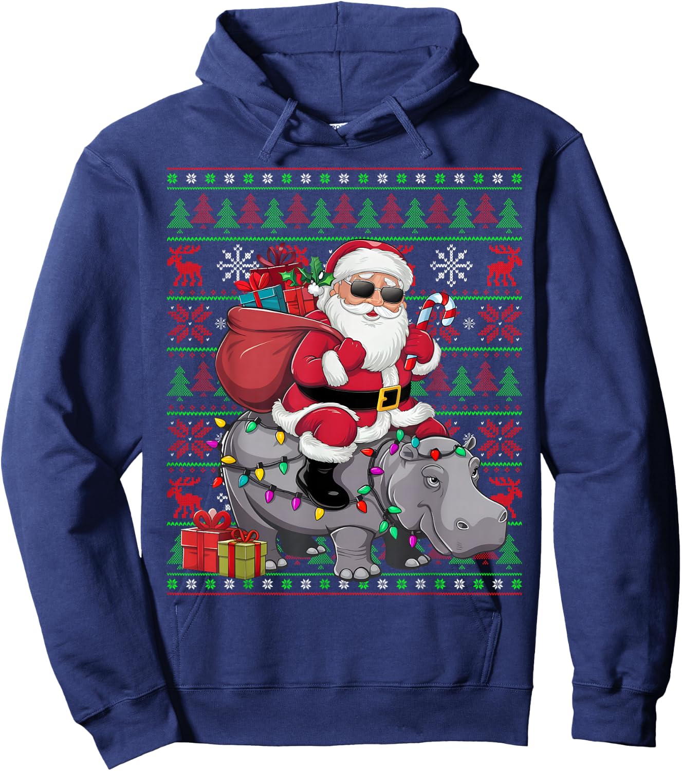 Ugly Xmas Lights Funny Santa Riding Hippo Christmas Hoodie - Hoodie | Navy