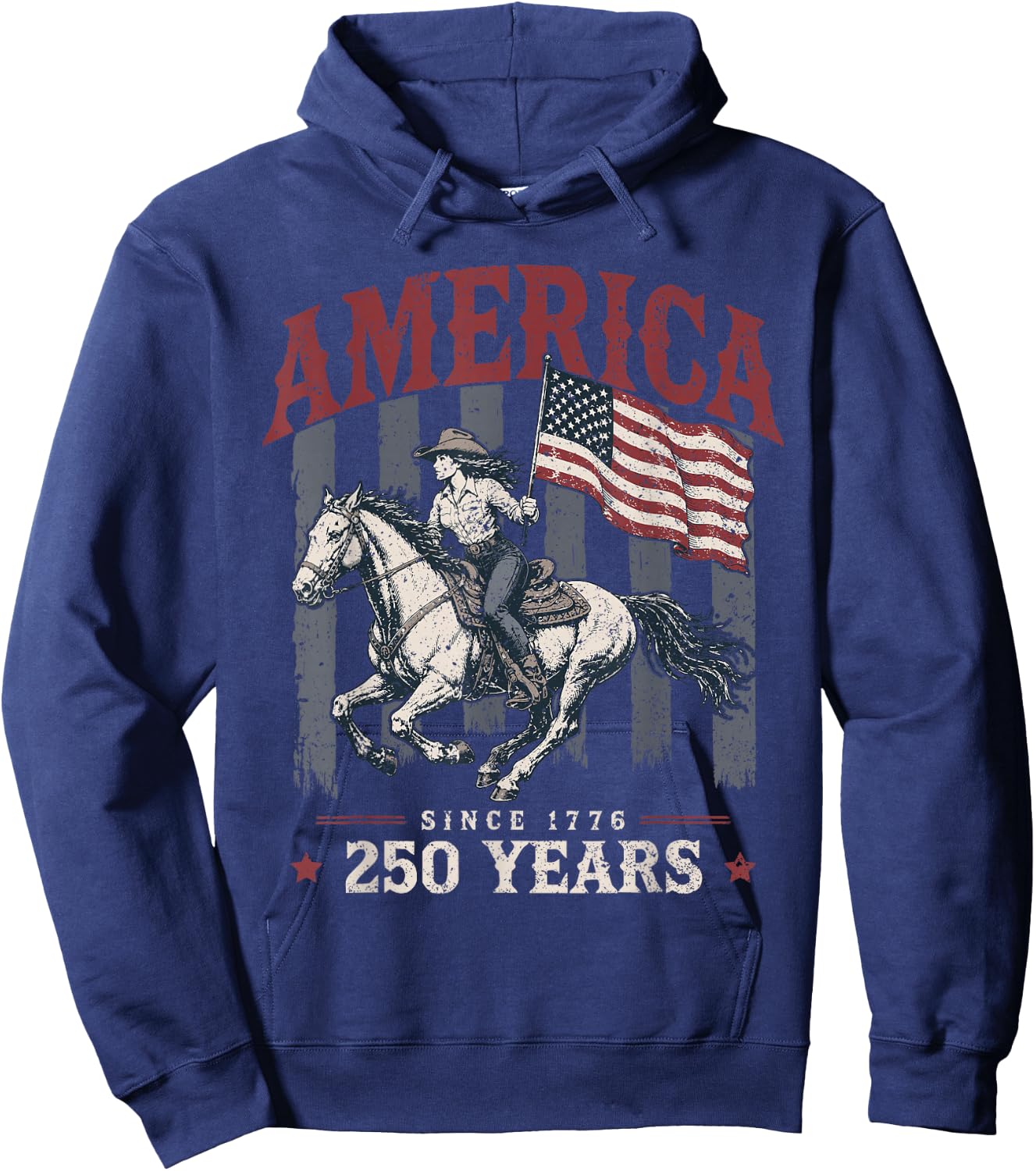 America 250 Years Cowgirl Riding Horse US Flag 1776 Hoodie - Hoodie | Navy