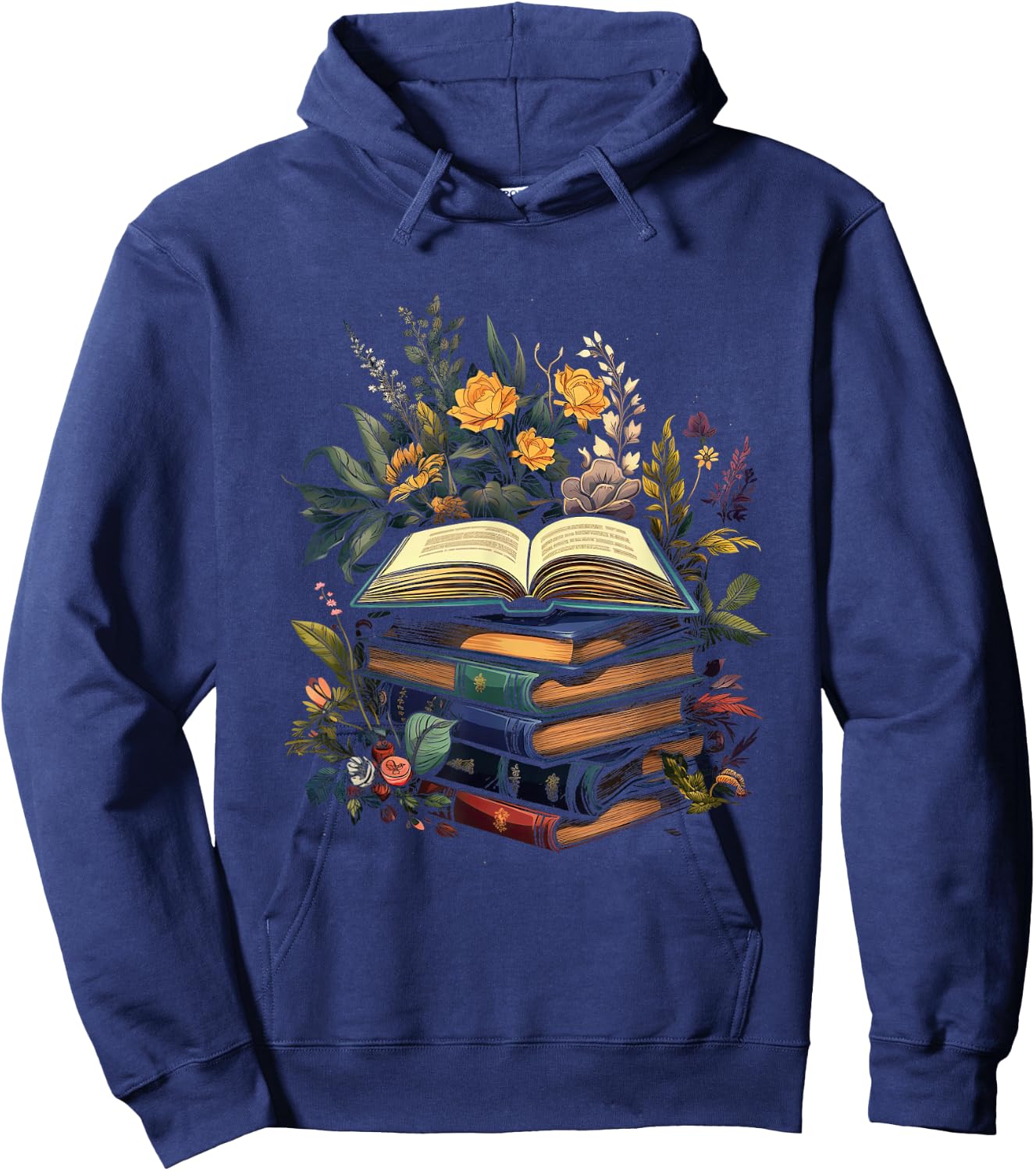 Minimalist Book with Flowers Nature Books Reading , black Hoodie - Hoodie | Navy