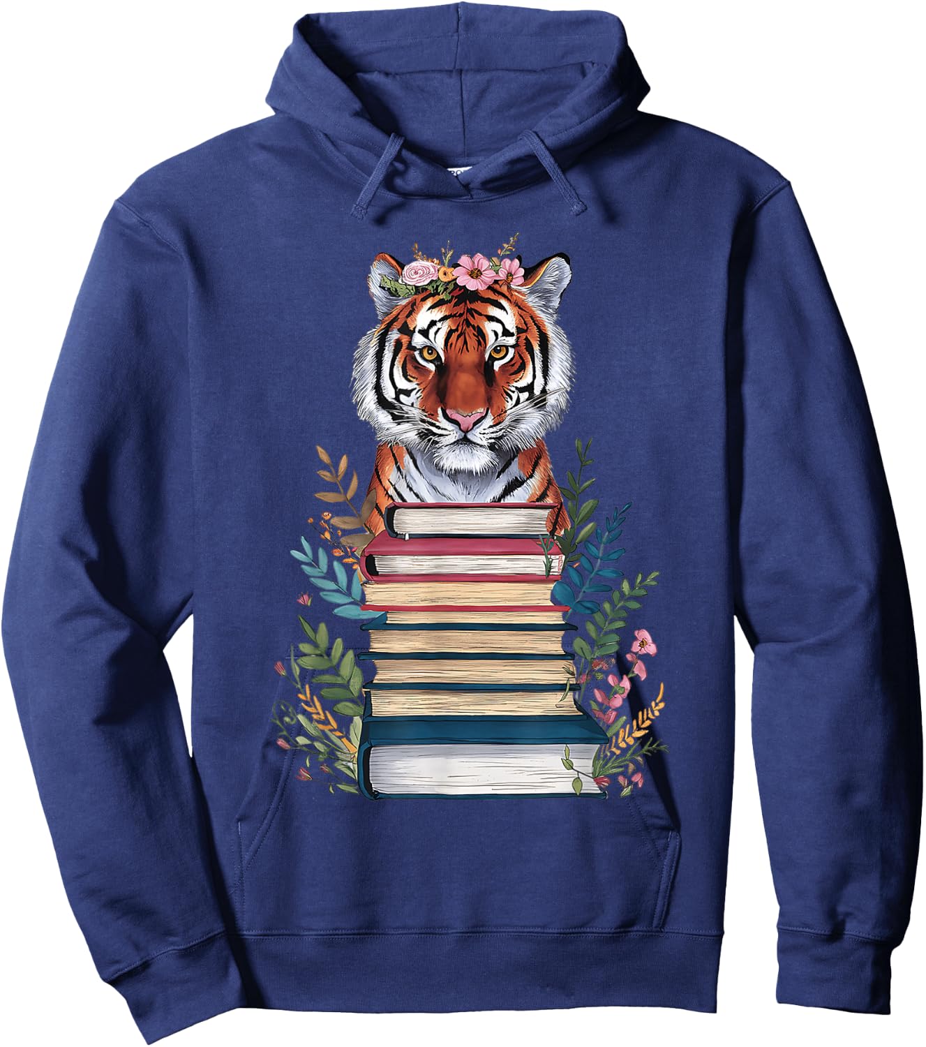 Cute Tiger With Book Floral Bookworm Librarian Book Lover Hoodie - Hoodie | Navy