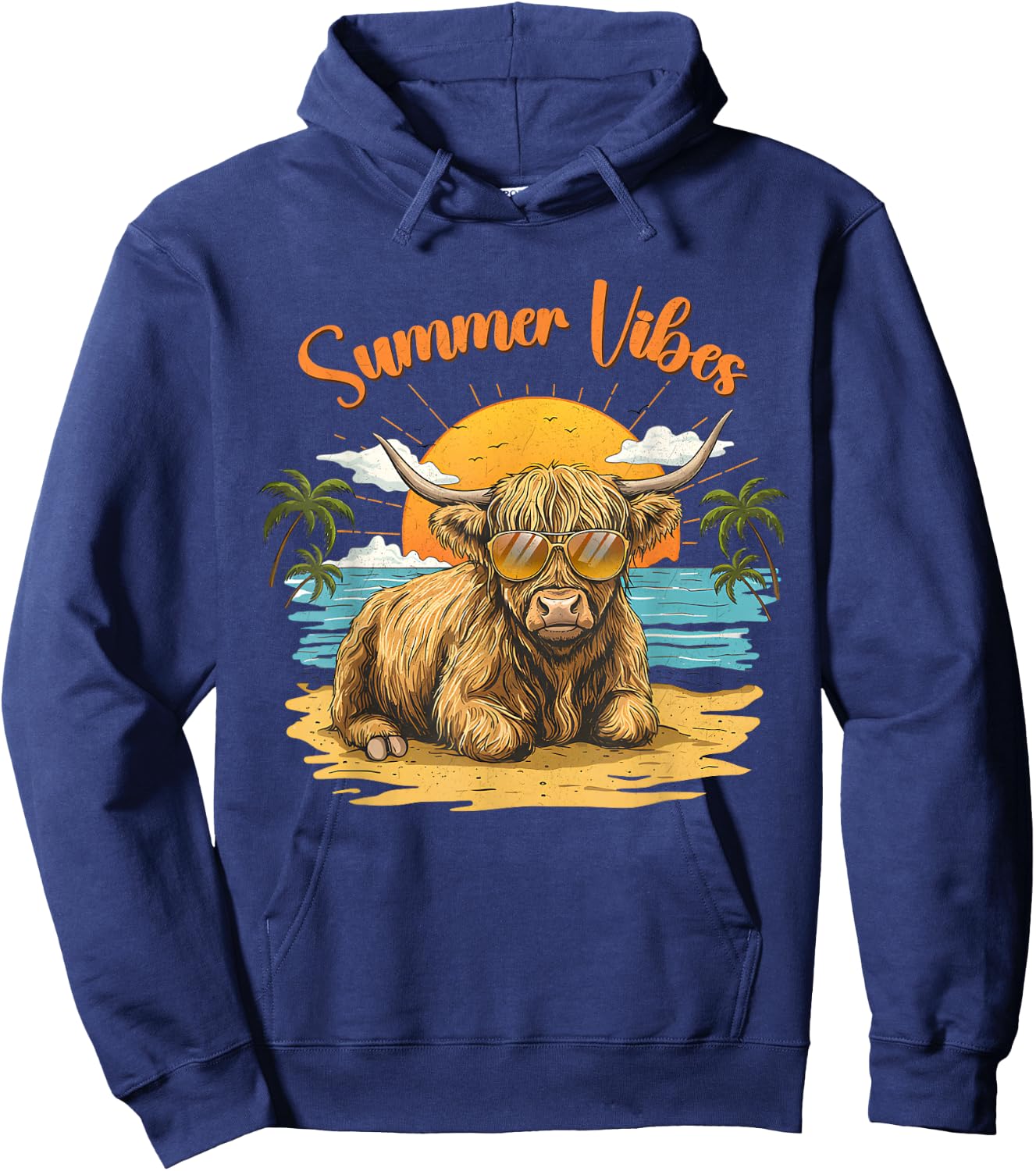 Funny Highland Cow Summer Vibes Beach Sunglasses Hoodie - Hoodie | Navy