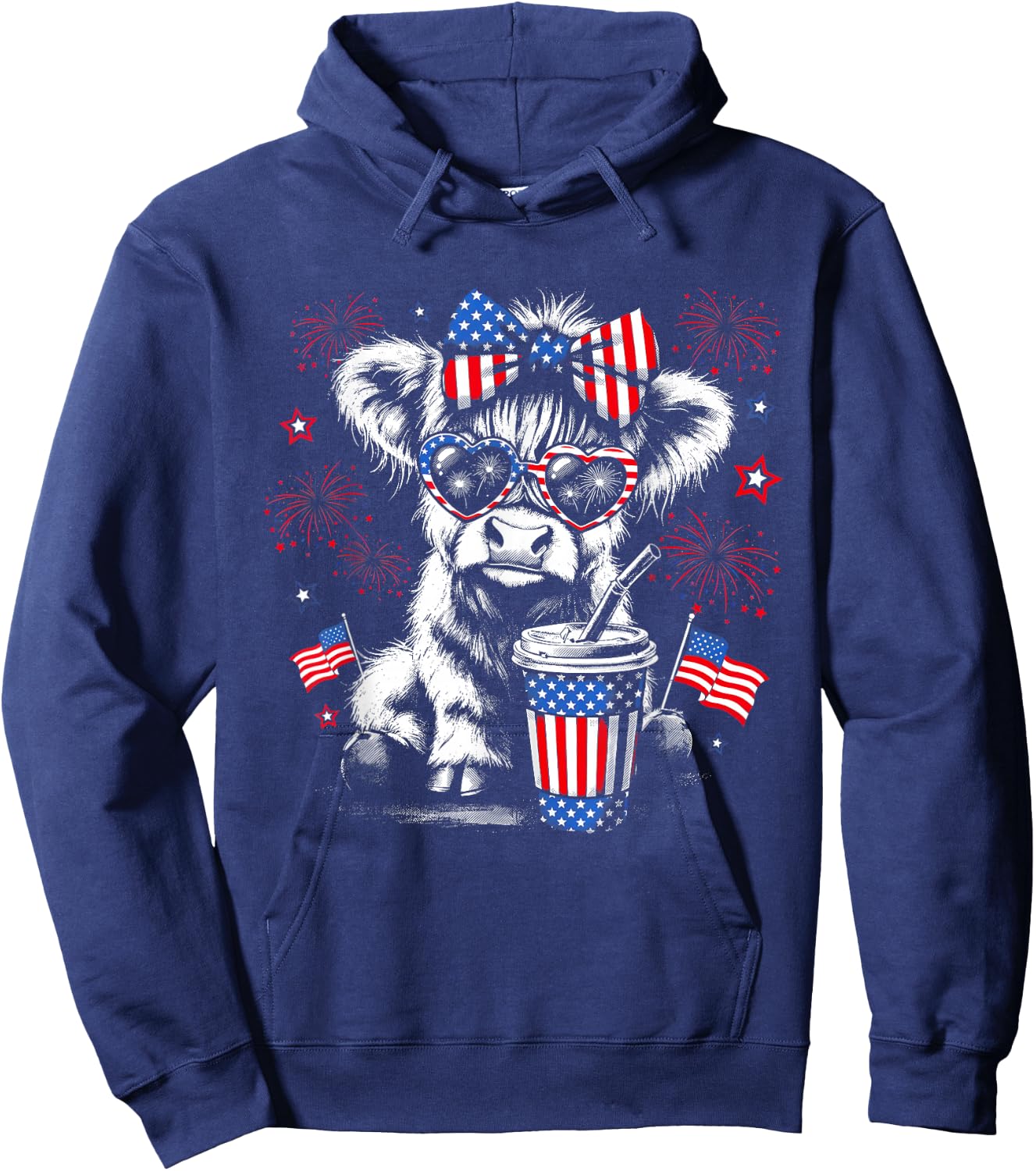 Patriotic Bow Sunglasses Highland Cow Fireworks USA Flag Hoodie - Hoodie | Navy