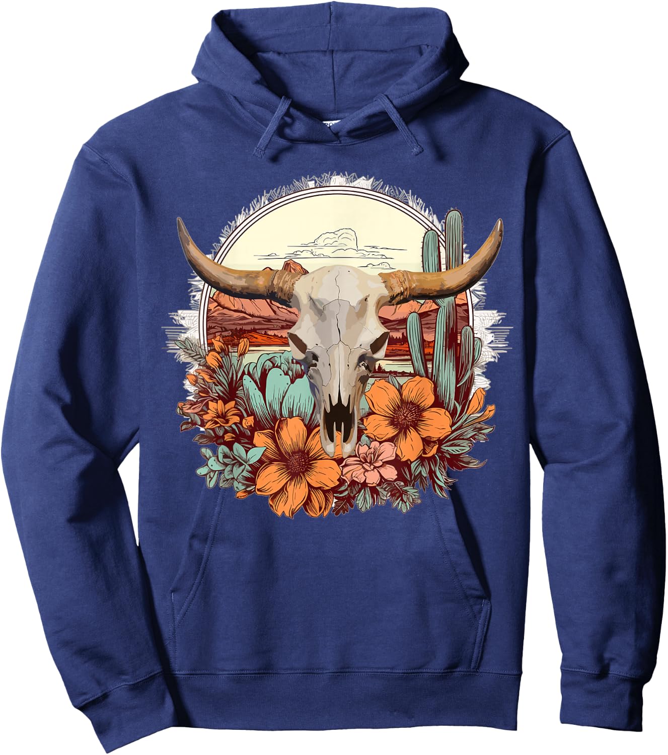 Cow Skull Vintage Boho Cowgirl Cactus Flowers Western Rodeo Hoodie - Hoodie | Navy
