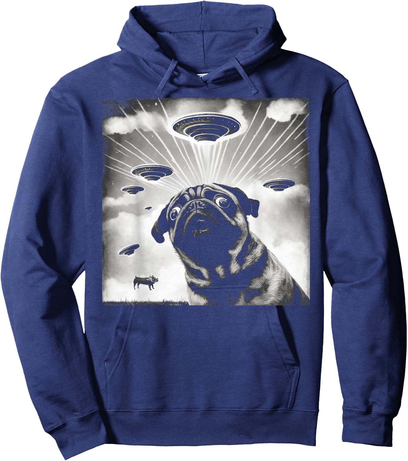 UFO Flying Alien UAPs Funny Pug Selfie Retro Hoodie - Hoodie | Navy