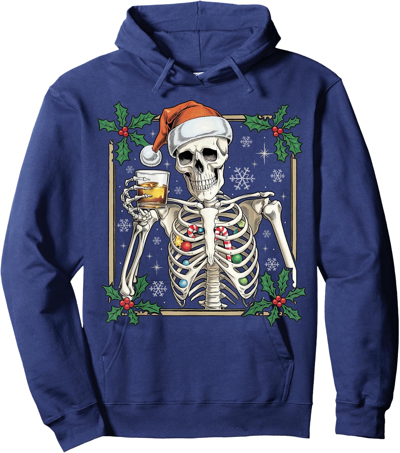 Funny Skeleton Santa Hat Drinking Bourbon Whiskey Christmas Hoodie - Hoodie | Navy