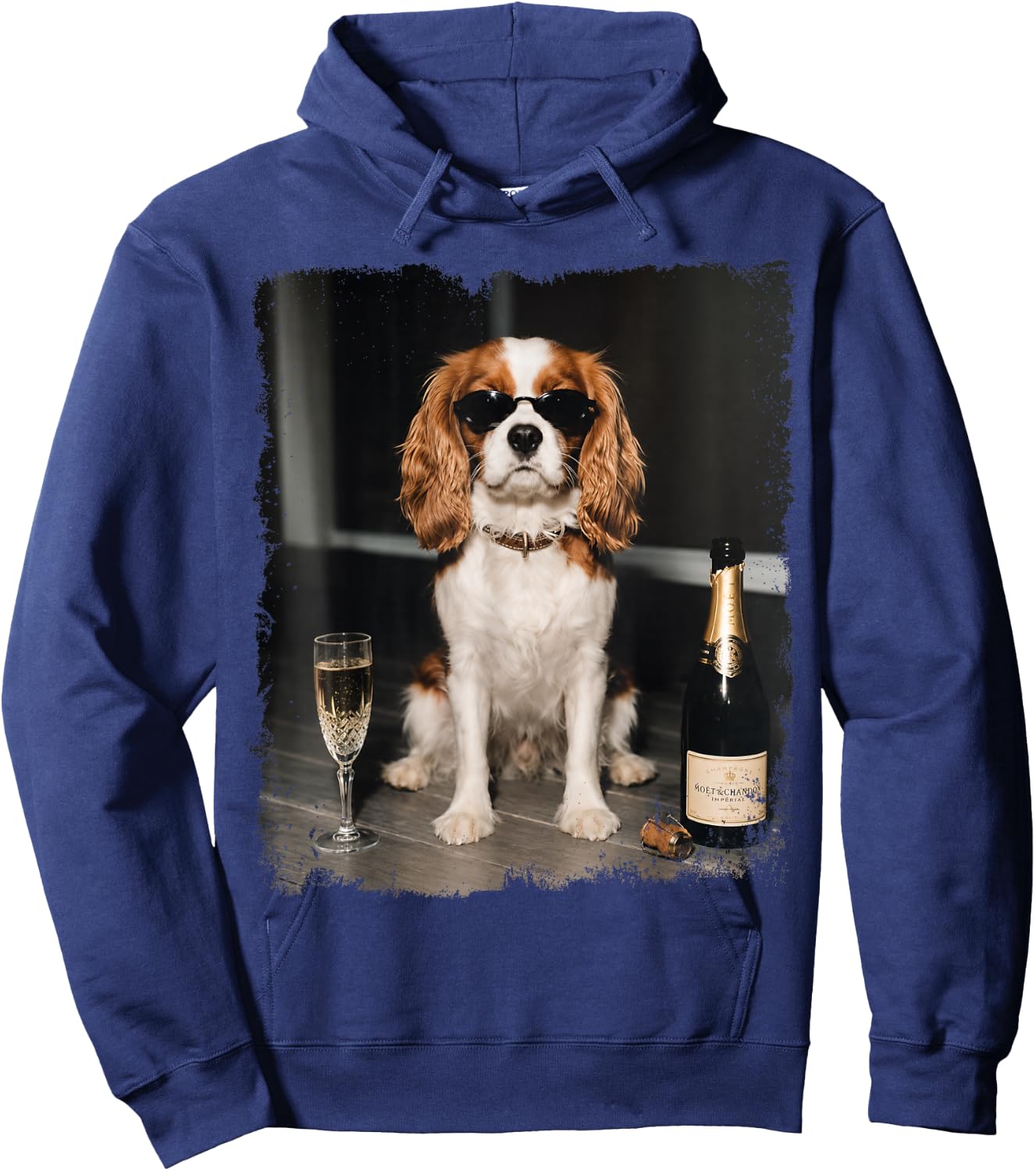 Funny Dog Meme Cavalier King Charles Drinking Champagne Hoodie - Hoodie | Navy