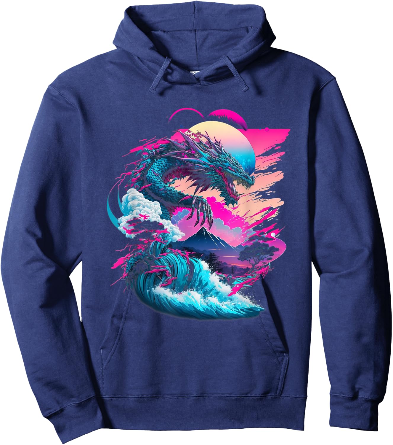 Dragon Vaporwave Abstract Landscape Moon Tree Waterfall Hoodie - Hoodie | Navy