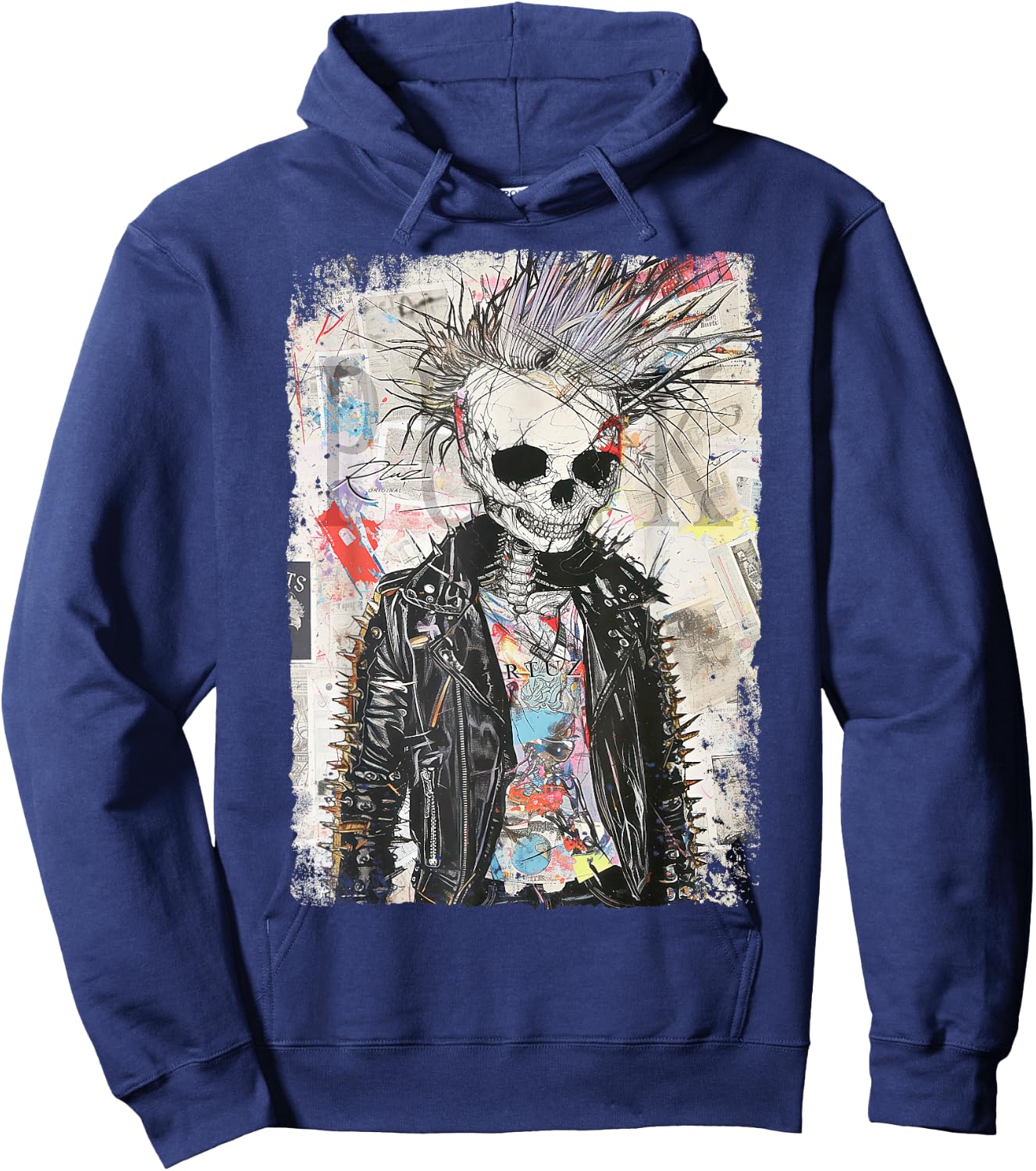 Biker Skull Graffiti Vintage Horror Punk Skull , Black, S Hoodie - Hoodie | Navy