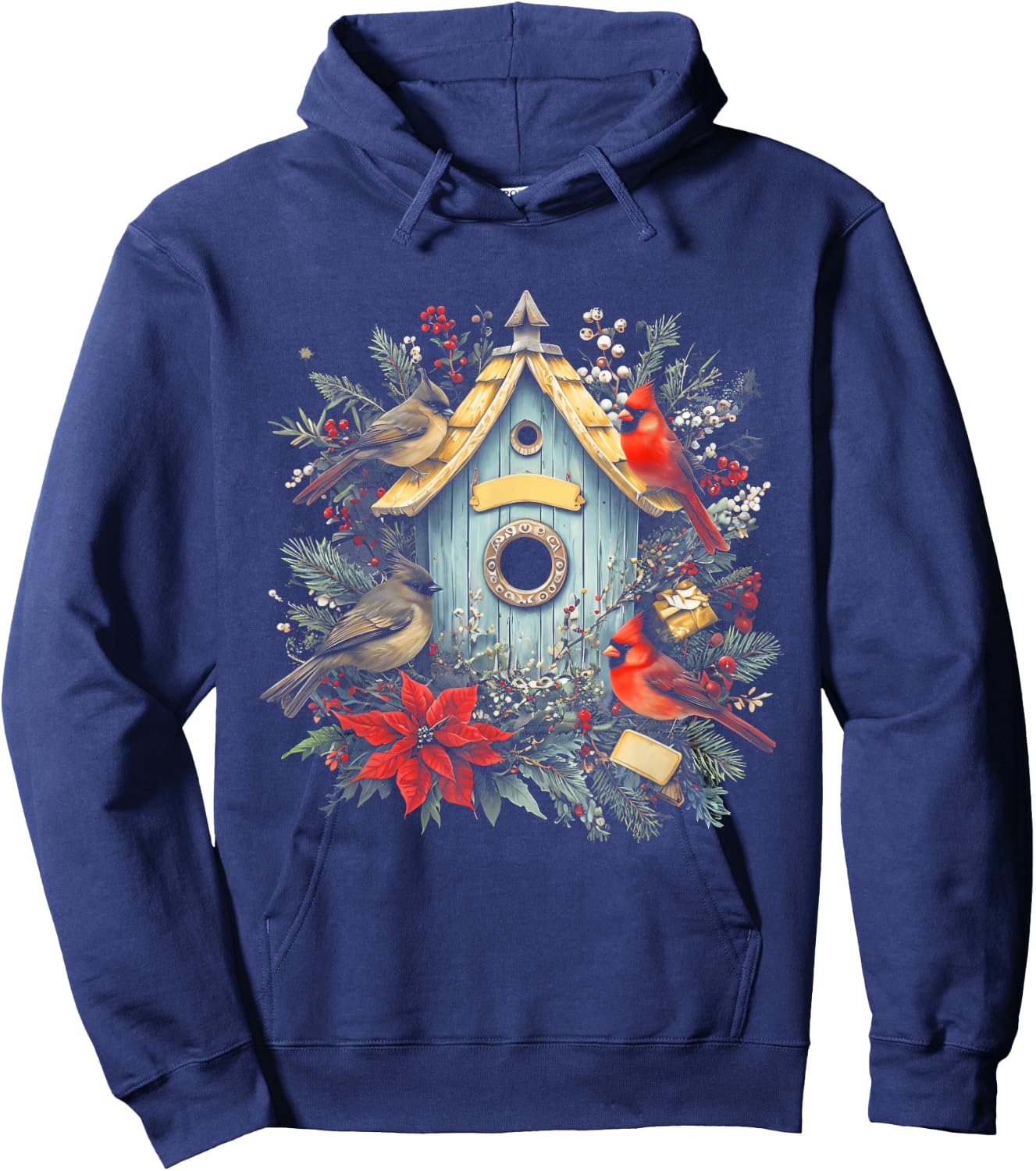 Birdhouse Cardinal Winter Birds Lover Christmas Birdwatcher Hoodie - Hoodie | Navy