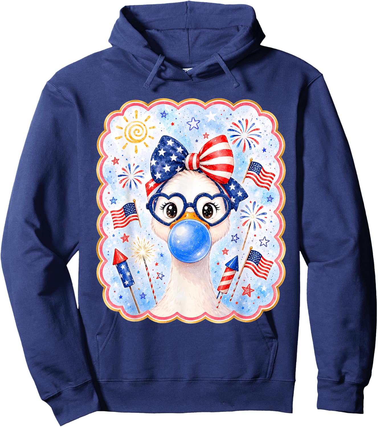 Cute Goose Bubble Gum Bow USA America Flag 4th of July Girl Hoodie - Hoodie | Navy