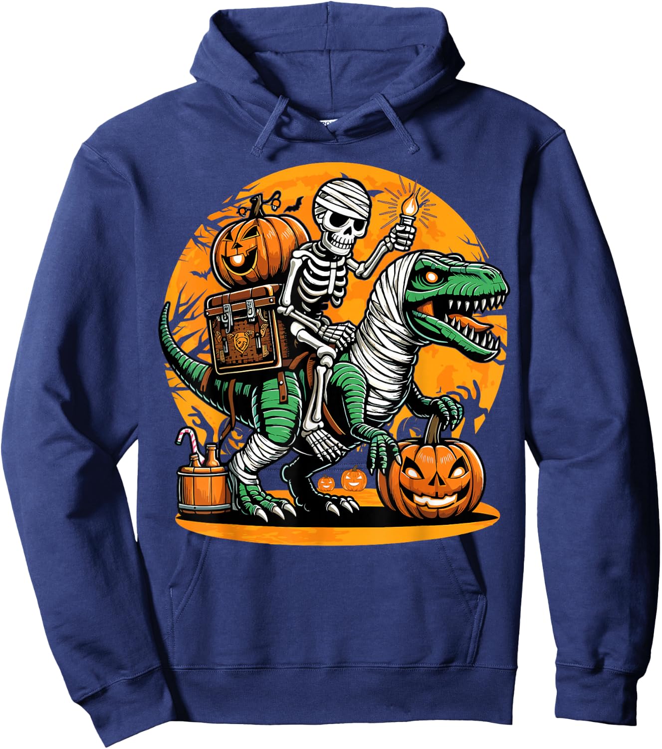 Skeleton Riding Mummy Dinosaur Pumpkin Spooky Trex Halloween Hoodie - Hoodie | Navy