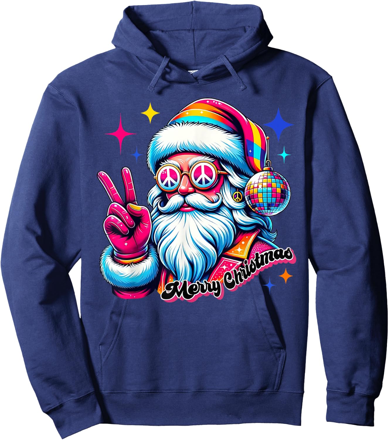 Colorful Santa Claus Peace Sign Hippie Christmas Holiday Hoodie - Hoodie | Navy