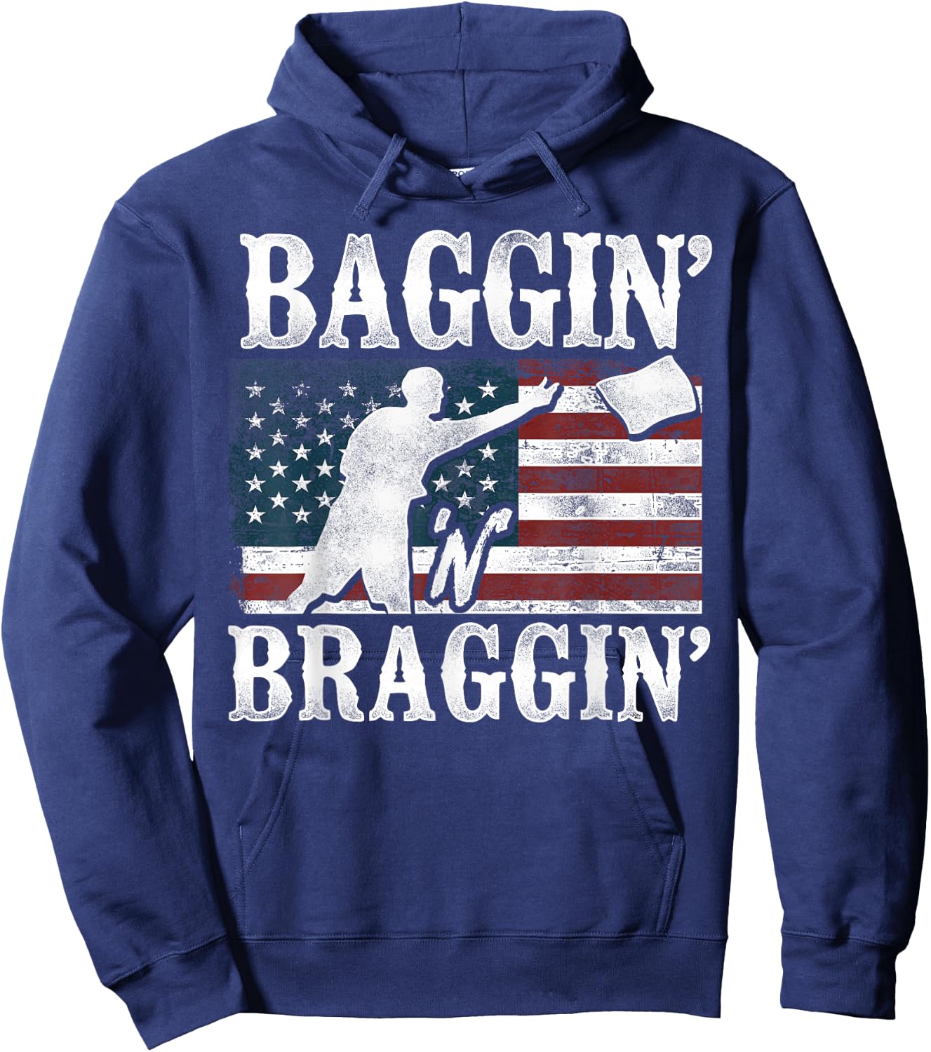 Cornhole Team Bean Bag Player Champ American Flag Baggin' Hoodie - Hoodie | Navy