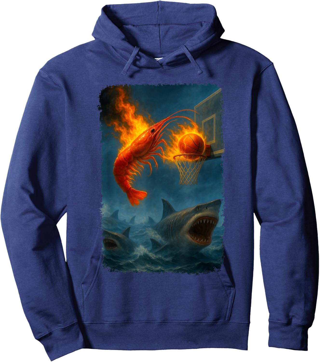 Funny Flaming Shrimp Slam Dunking Over Some Sharks Meme Hoodie - Hoodie | Navy