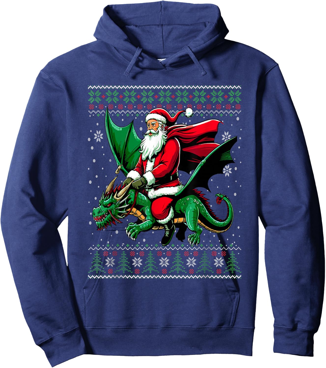 Christmas Santa Riding Dragon Ugly Christmas Sweater Hoodie - Hoodie | Navy