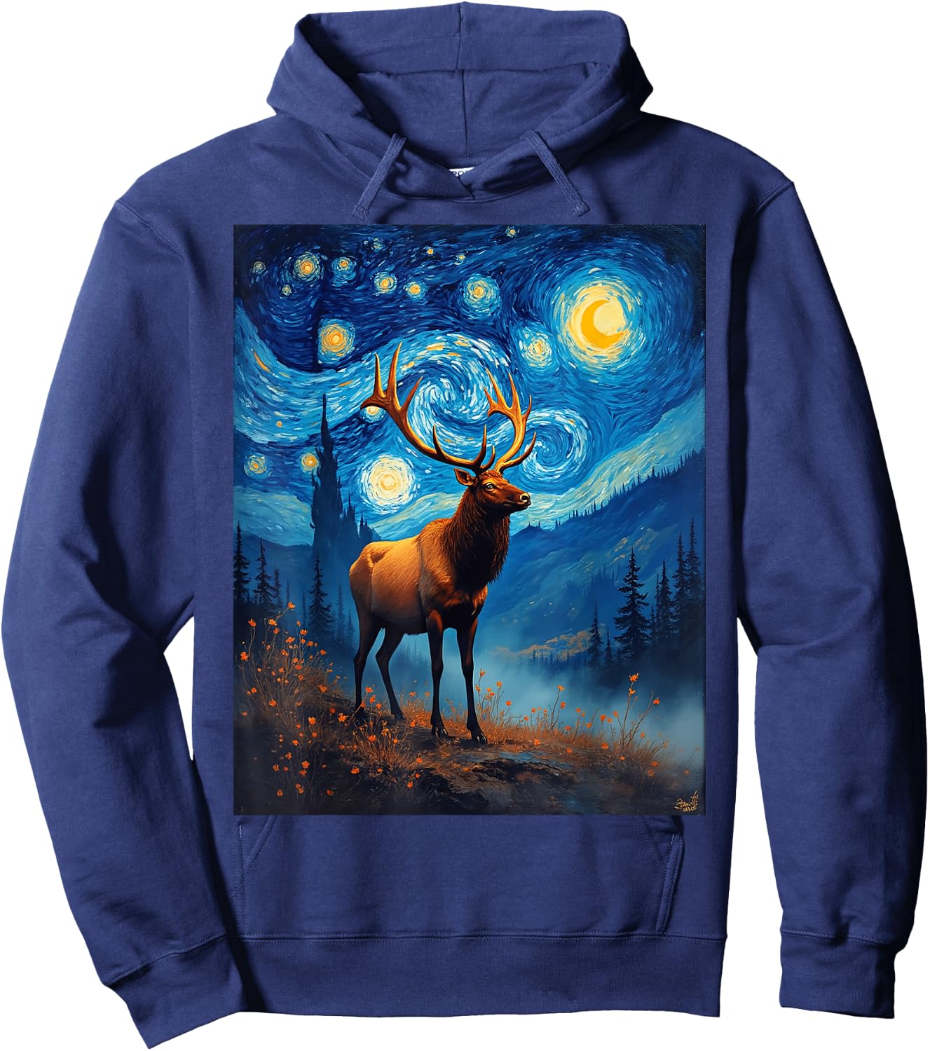 Van Gogh's Starry Night Elk Wapiti Animal Lovers Hoodie - Hoodie | Navy
