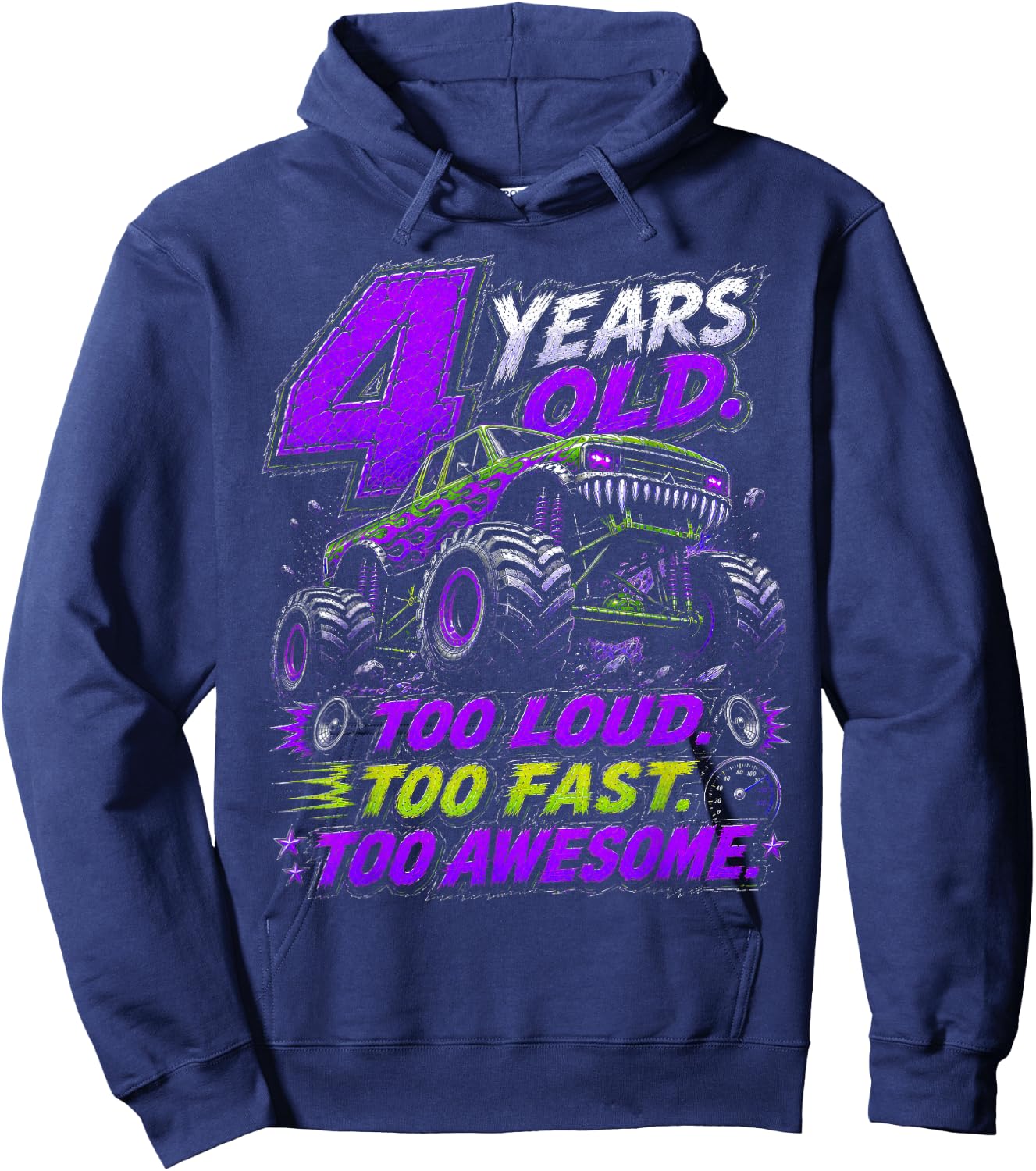 Monster Truck 4th Birthday Shirt 4 Year Old 4th Birthday Boy Hoodie - Hoodie | Navy