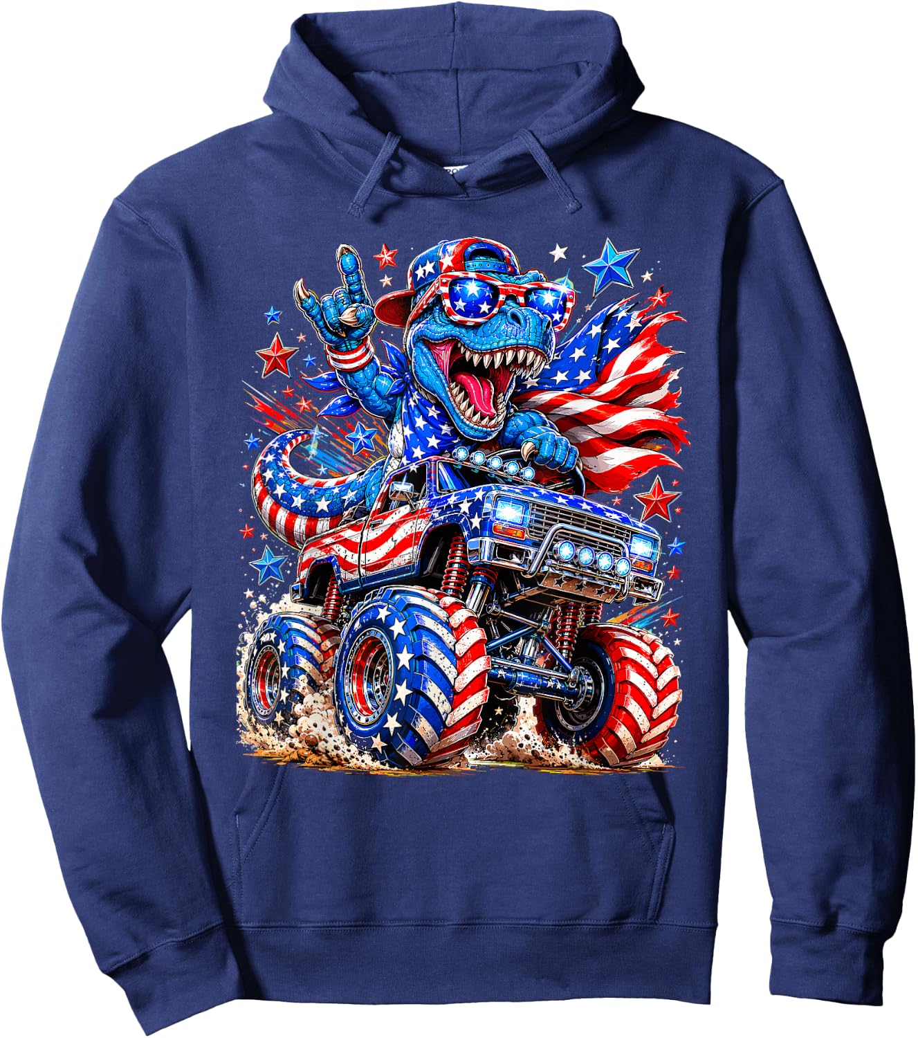 T Rex 4th of July Dinosaur American Flag USA Patriotic Hoodie - Hoodie | Navy