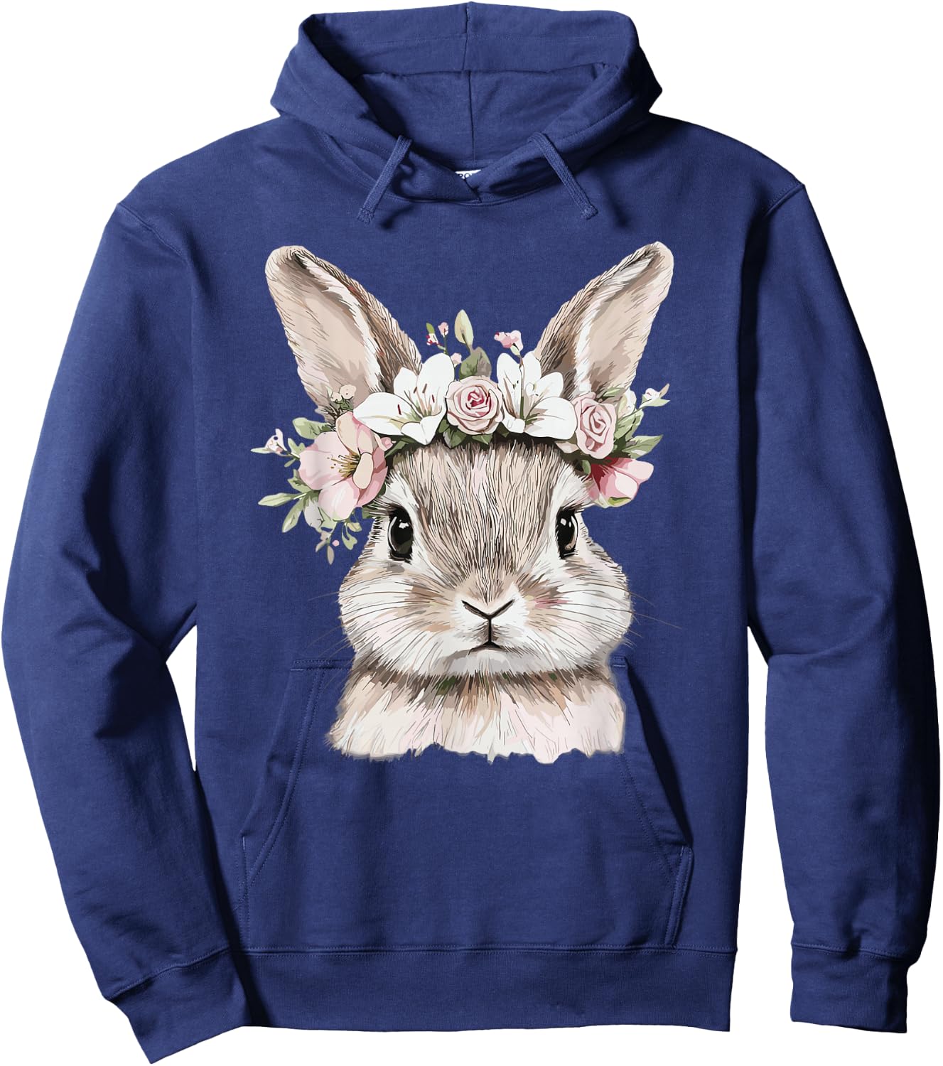 Cute Bunny with Floral Crown Illustration Hoodie - Hoodie | Navy