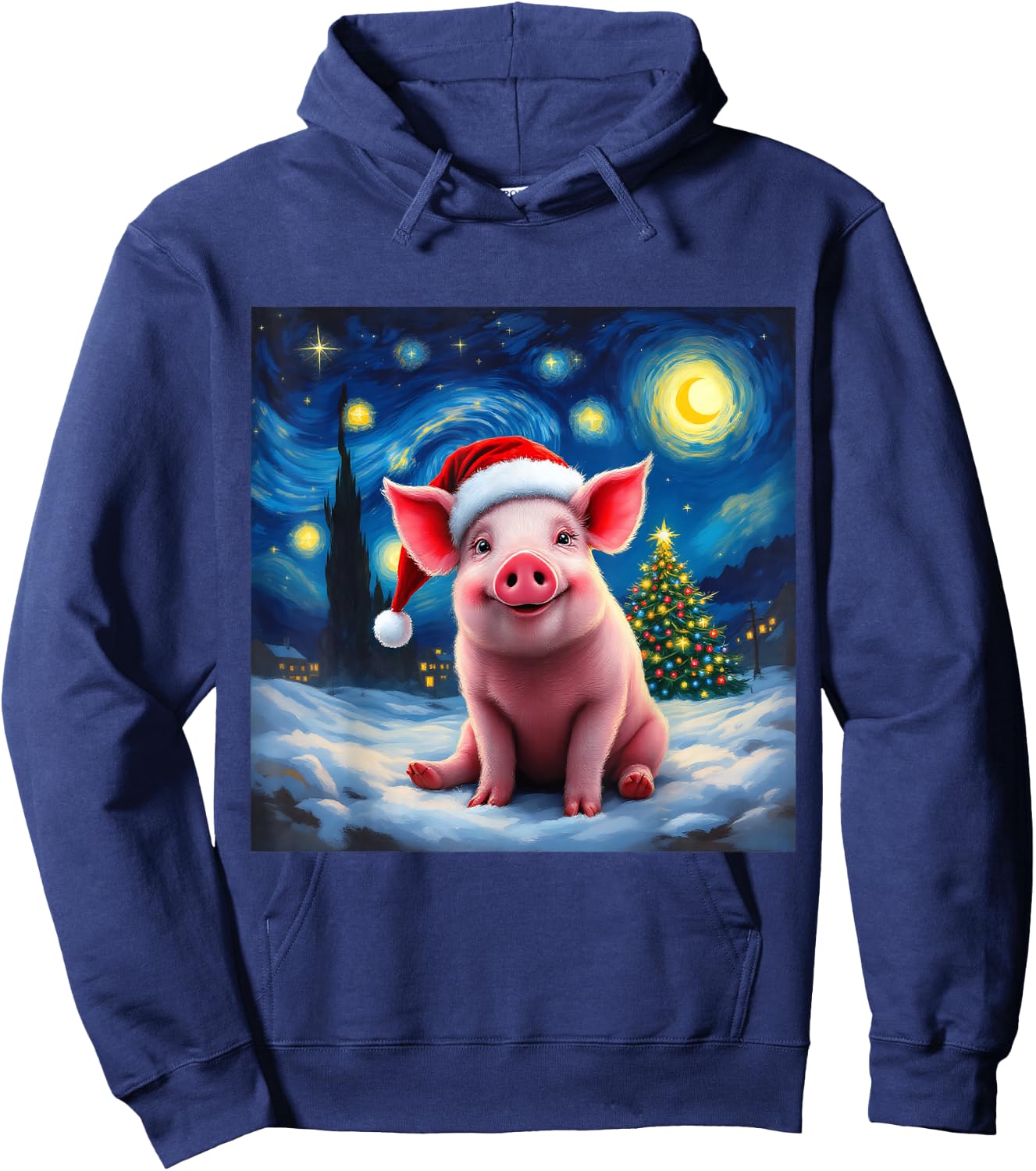 Pig Santa Hat Christmas Van Gogh Starry Night Holiday Hoodie - Hoodie | Navy