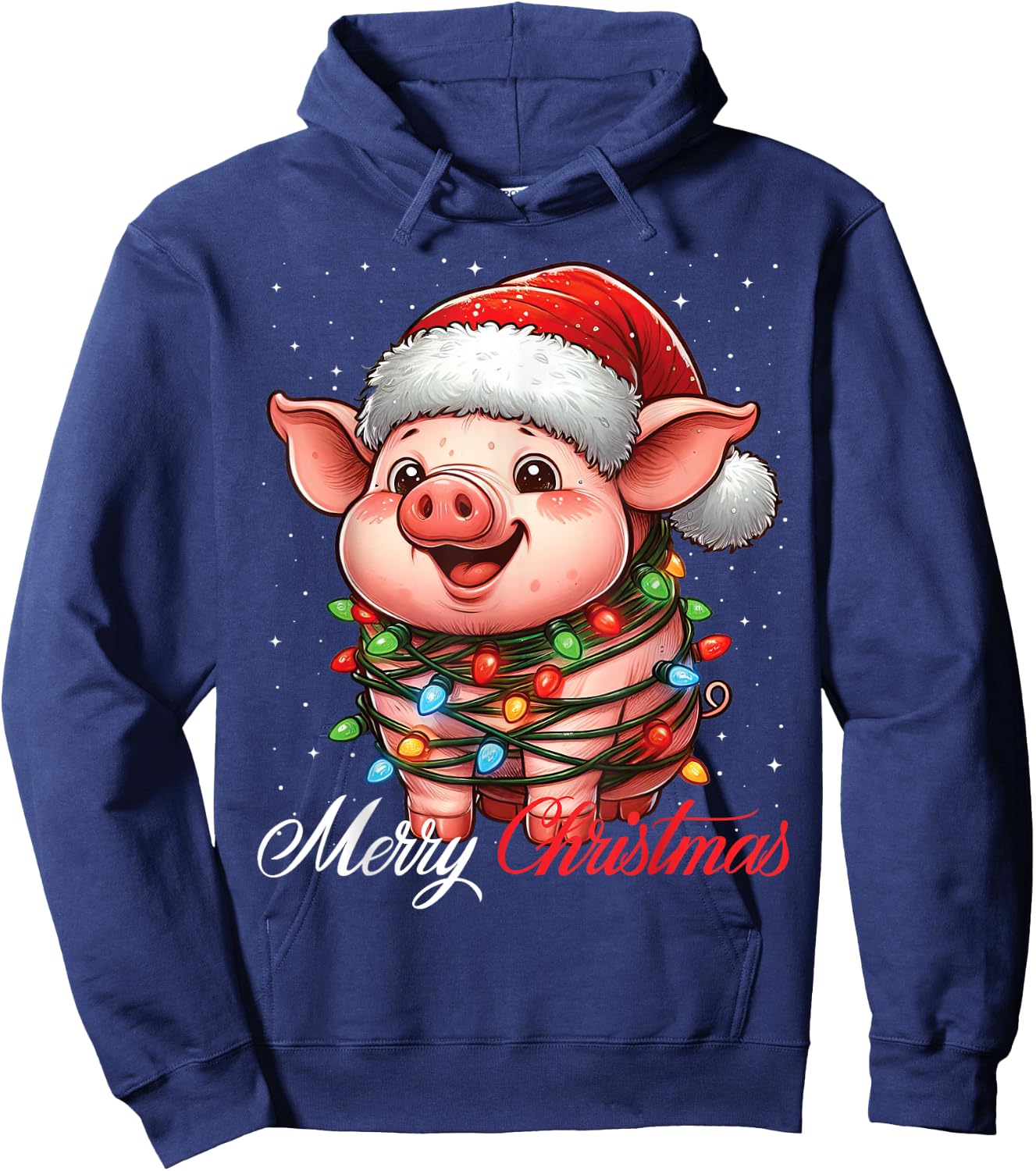 Pig Merry Christmas Lights Santa Hat Xmas Snow Hoodie - Hoodie | Navy