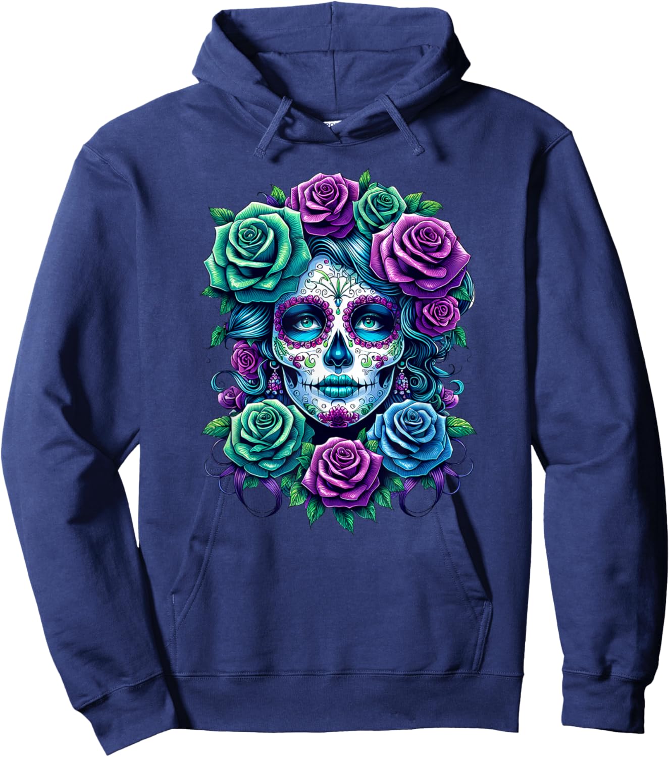 Dia de Muertos Cinco de Mayo Sugar Skull Women Flowers Roses Hoodie - Hoodie | Navy