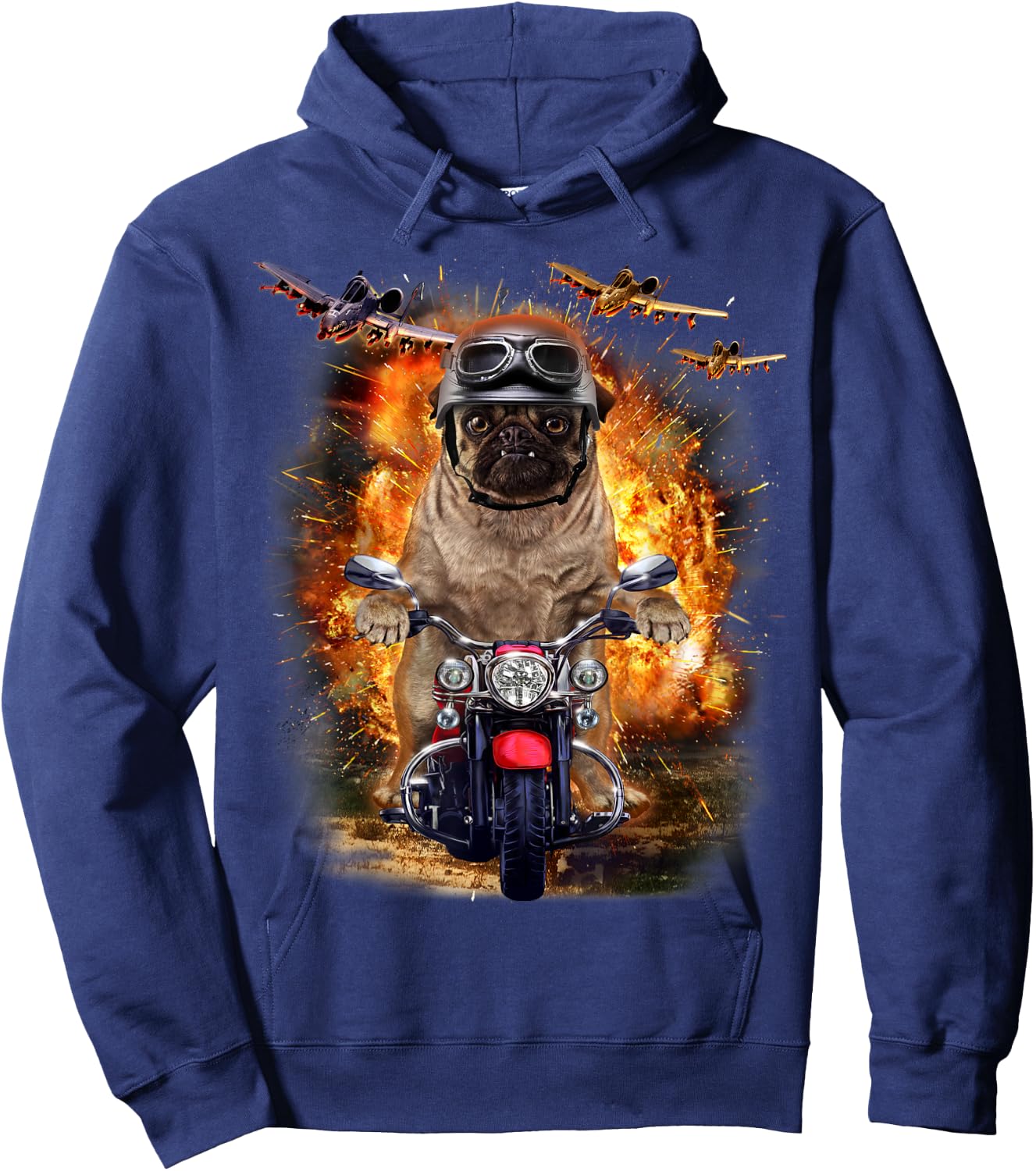 Grumpy Pug Dog Ride Motorcycle Through Battle Men Women Kids Hoodie - Hoodie | Navy