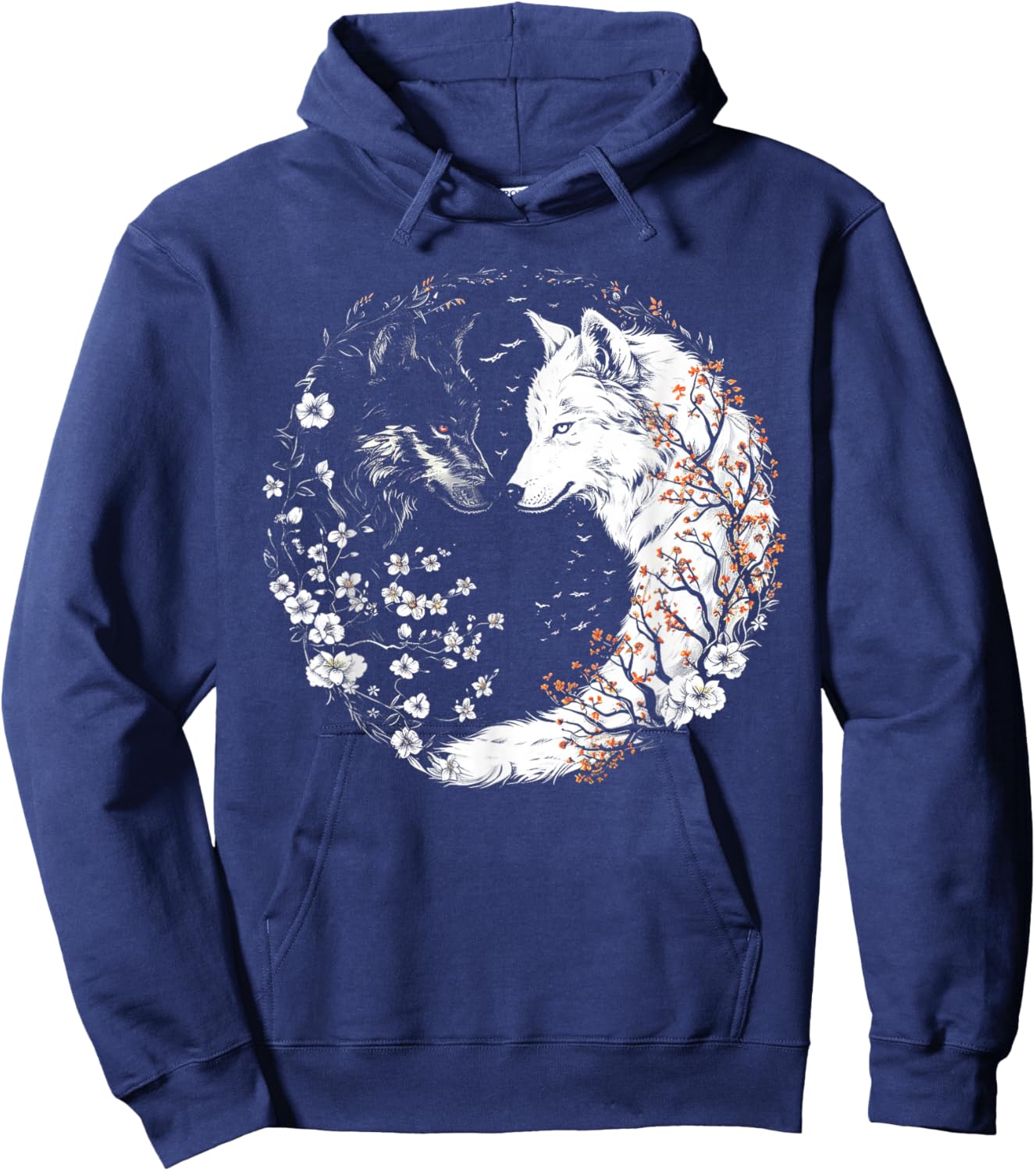 Yin Yang Of White And Black Wolves With Flower Wolf Lover Hoodie - Hoodie | Navy