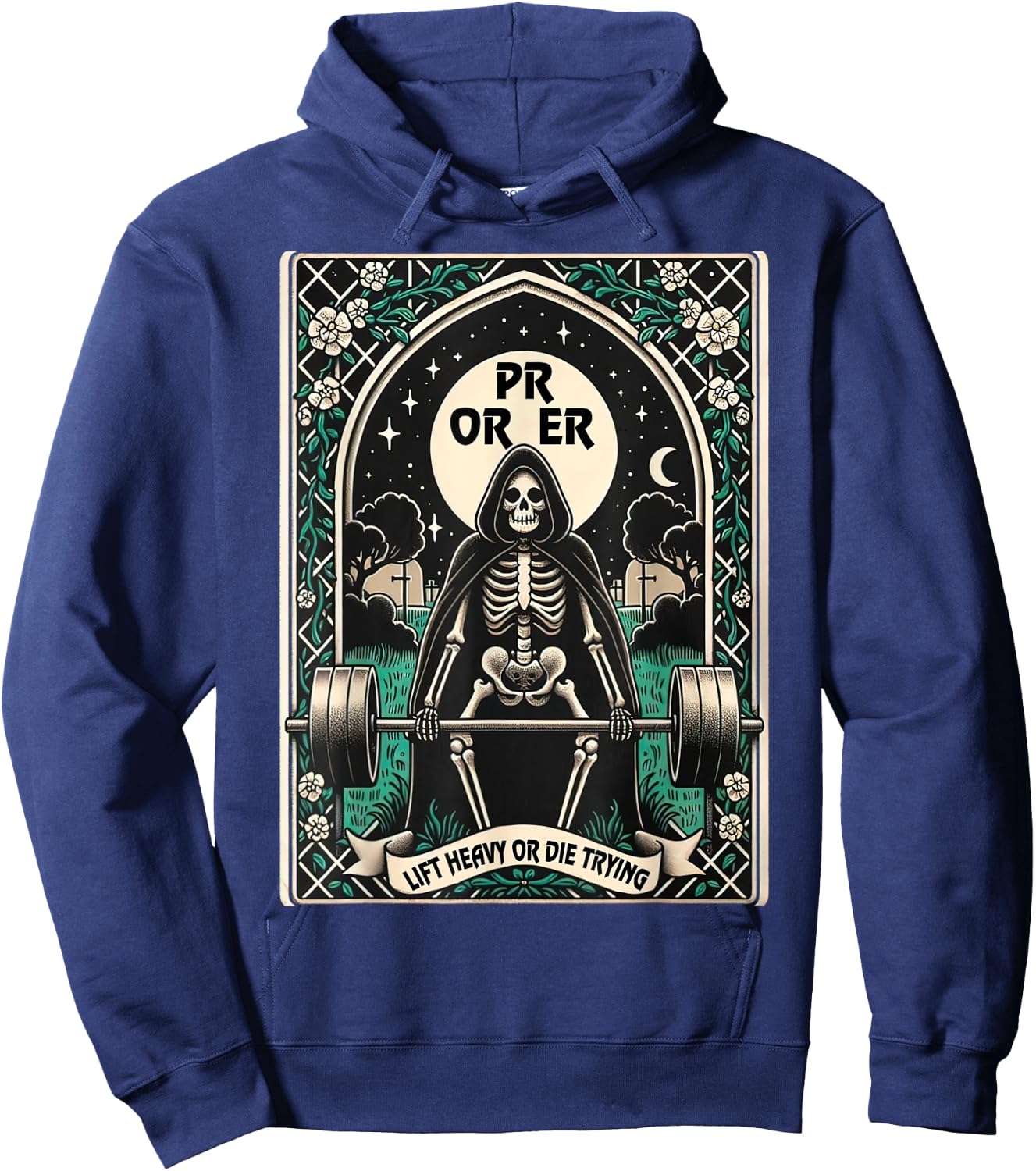 Skeleton Gym, Halloween Pump Cover, PR OR ER Card Tarot Hoodie - Hoodie | Navy