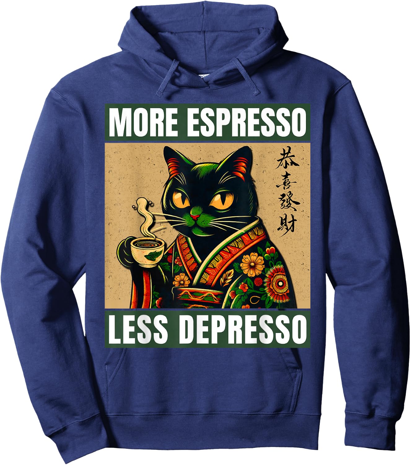 More Espresso Less Depresso Japanese Funny Cat Hoodie - Hoodie | Navy