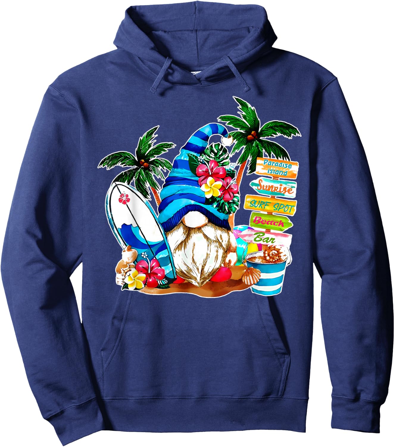 Holiday Beach Gnome Flower Palm Tree Surf Vacation Gnomies Hoodie - Hoodie | Navy