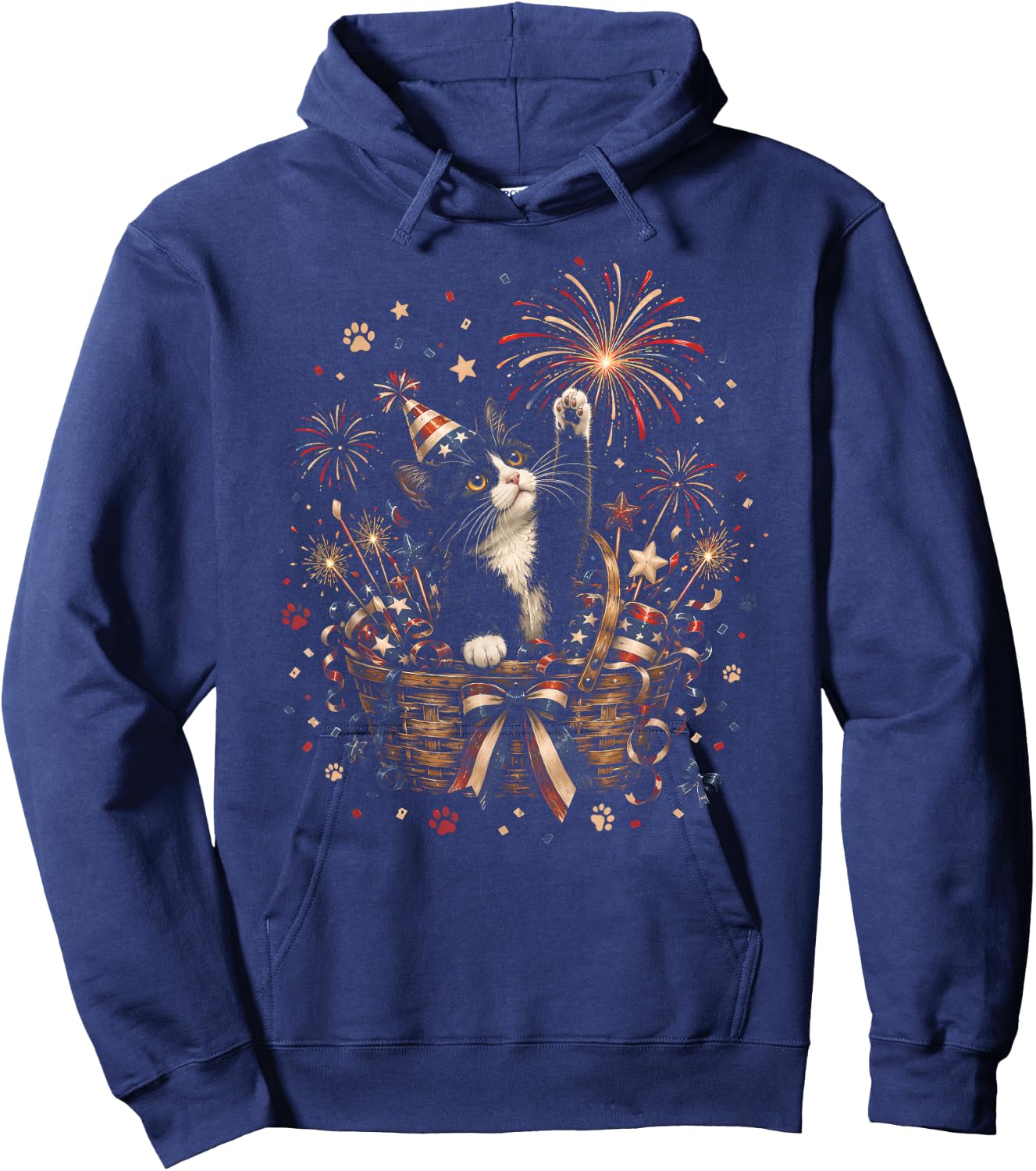 Patriotic Cat 4th of July American Flag Bow Girls Women Hoodie - Hoodie | Navy